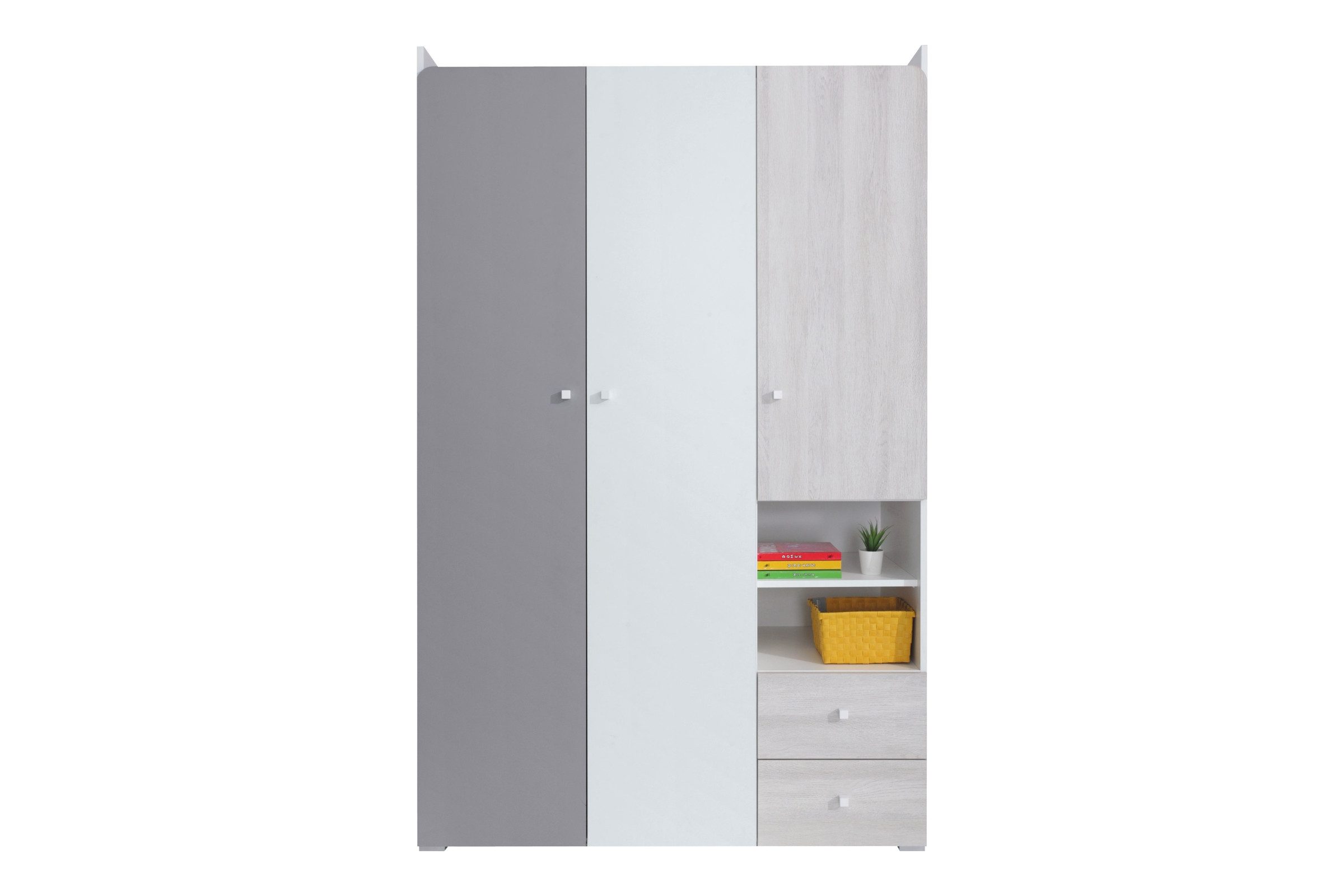 Deine Möbel 24 Kinderkleiderschrank CLARA 01 Kleiderschrank 120 cm breit viel Stauraum (Set, 1-St., ideal fürs Jugendzimmer & Kinderzimmer) Drehtürenschrank in Weiß Lux/Wilton-Eiche/Grau