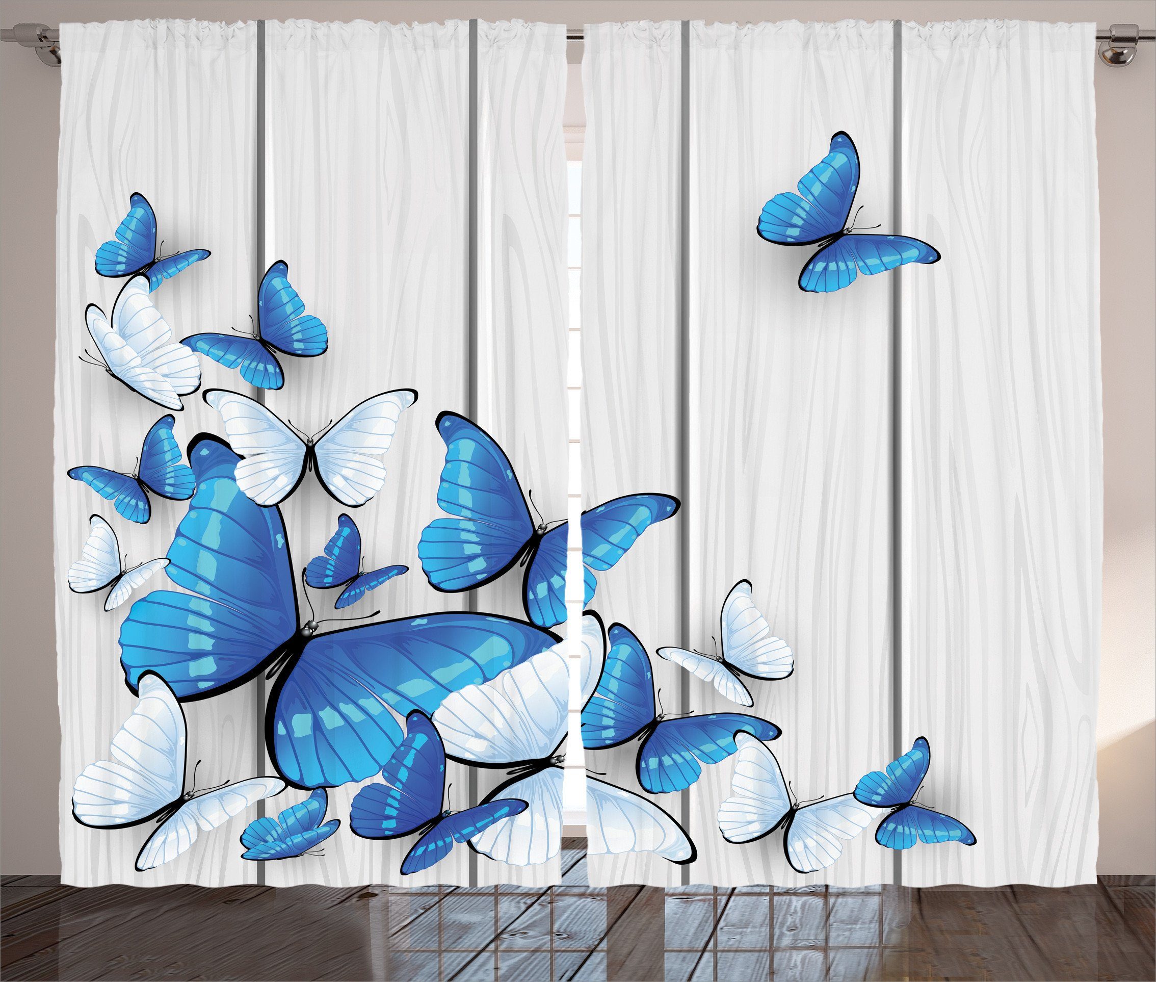 Gardine Schlafzimmer Kräuselband Vorhang mit Schlaufen und Haken,  Abakuhaus, Blau Insekt Holz-Holz