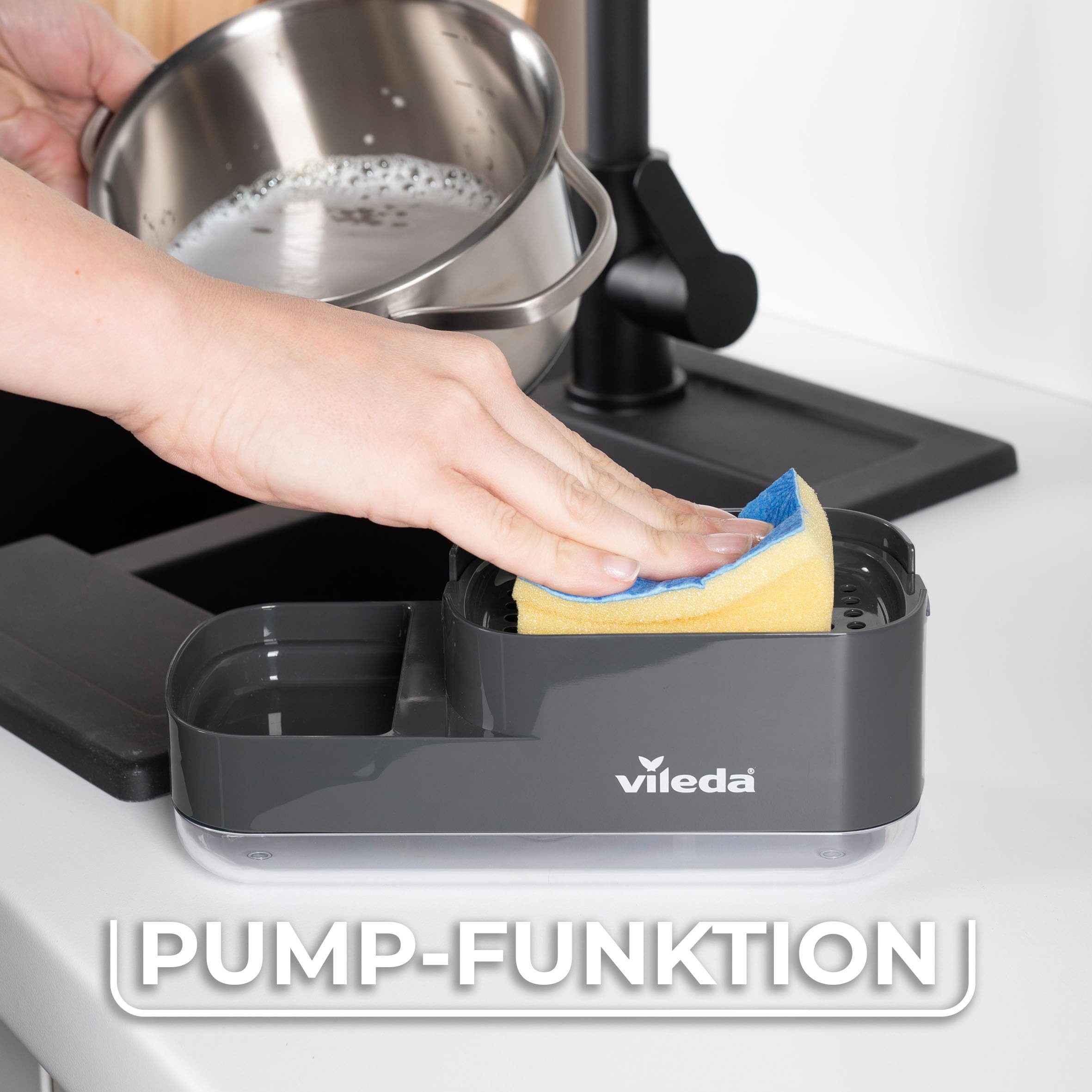 Vileda Spülmittelspender Pumpspender mit Schwammablage Polypropylen, (Set, Set), mit Schwammablage Polypropylen