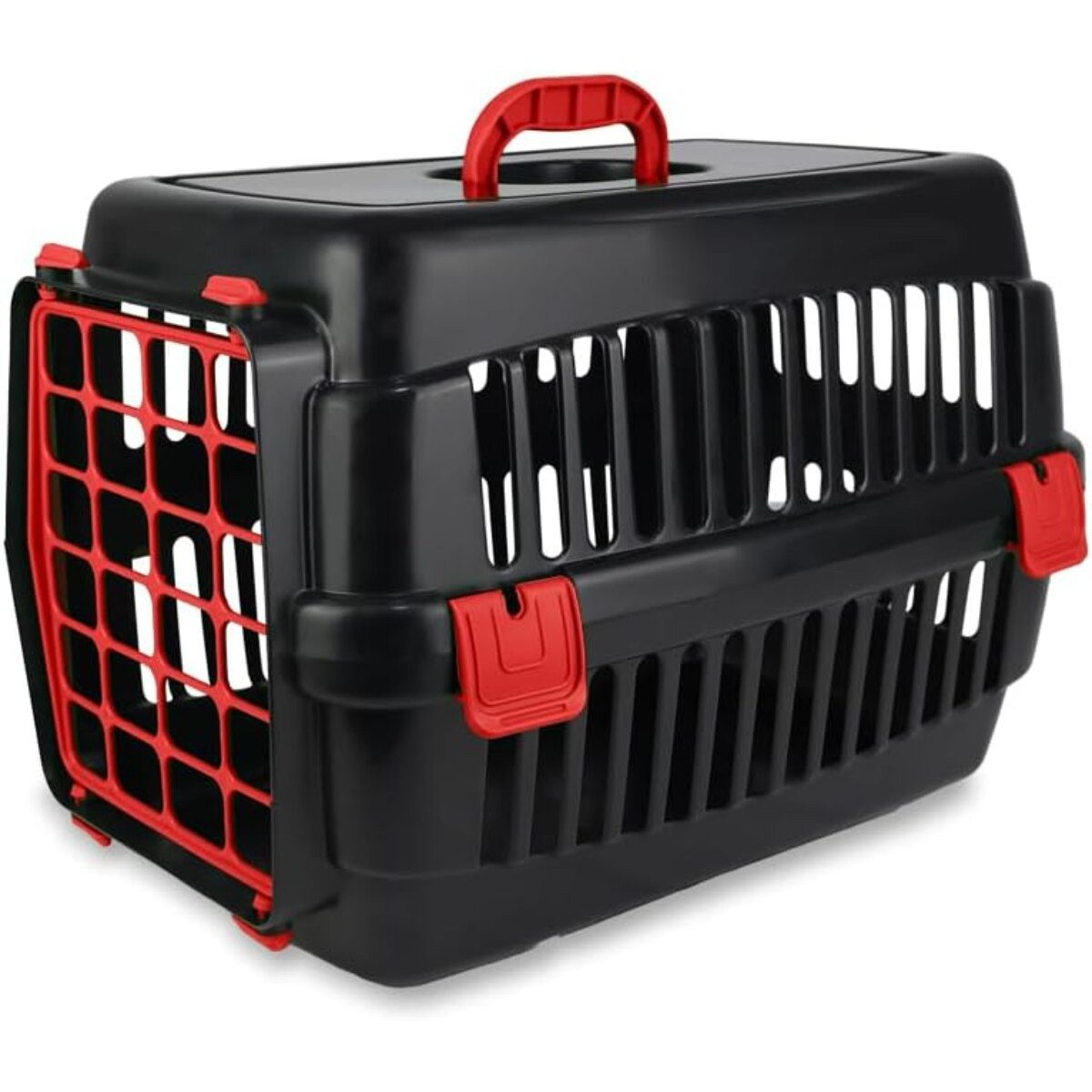 COFI 1453 Tiertransportbox Robuste Katzen-Hartschalen-Transportbox Schwarz-Rot, Robuste Hartschale mit Lüftungsschlitzen und Tragegriff