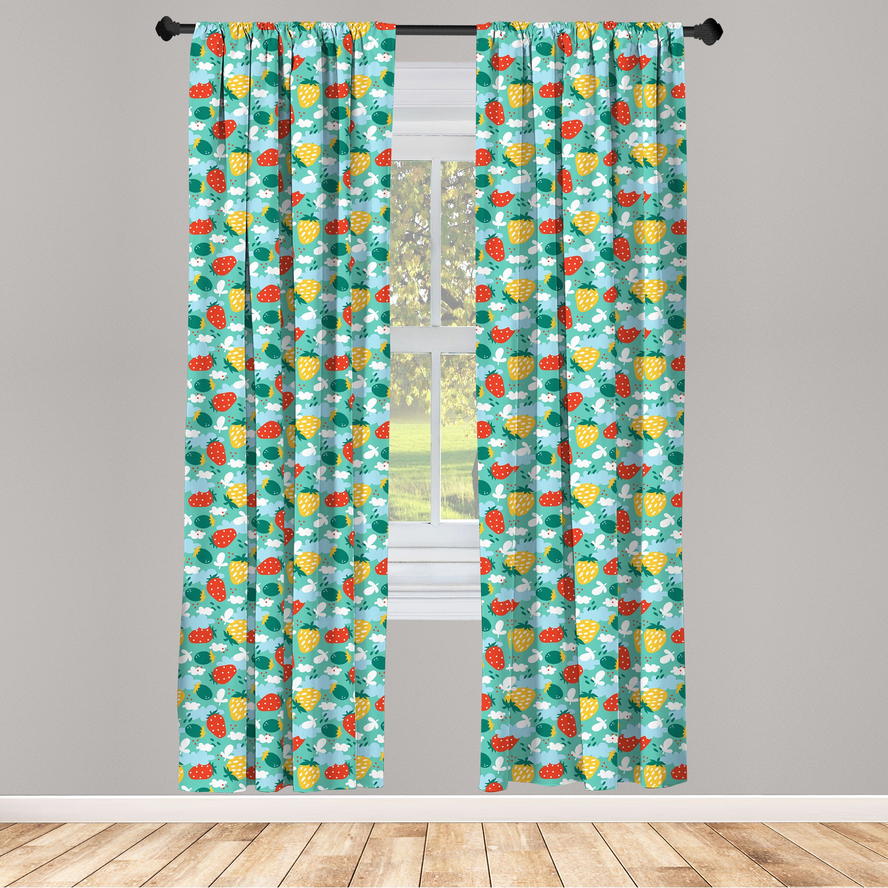 Gardine Vorhang für Wohnzimmer Schlafzimmer Dekor, Abakuhaus, Microfaser, Erdbeere Doodle Frucht-Muster