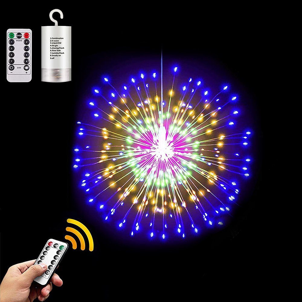 Rosnek LED-Lichterkette 200LEDs Hängende Kugel Feuerwerk Lichterkette, 8 Modi, dimmbar, Weihnachtsdekoration, Fernbedienung, Wasserdicht Mehrfarbig