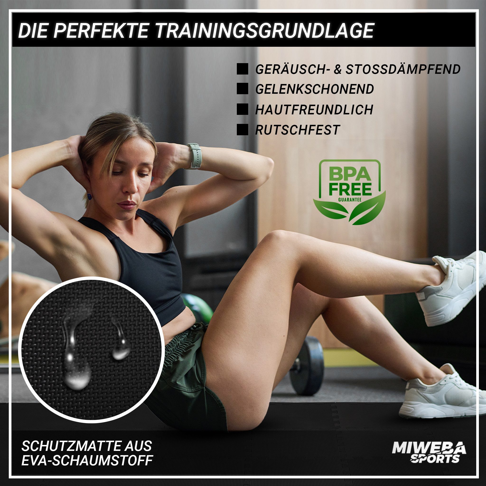 Miweba Sports Bodenschutzmatte BS100 - BS50 Puzzlematte - Premium Trainingsmatte für Fitnessgeräte, Turnmatte, Sportmatte, 18-St., Bodenschutzmatte, Schutzmatte Fitnessmatte - 2 Farben - quadratisch