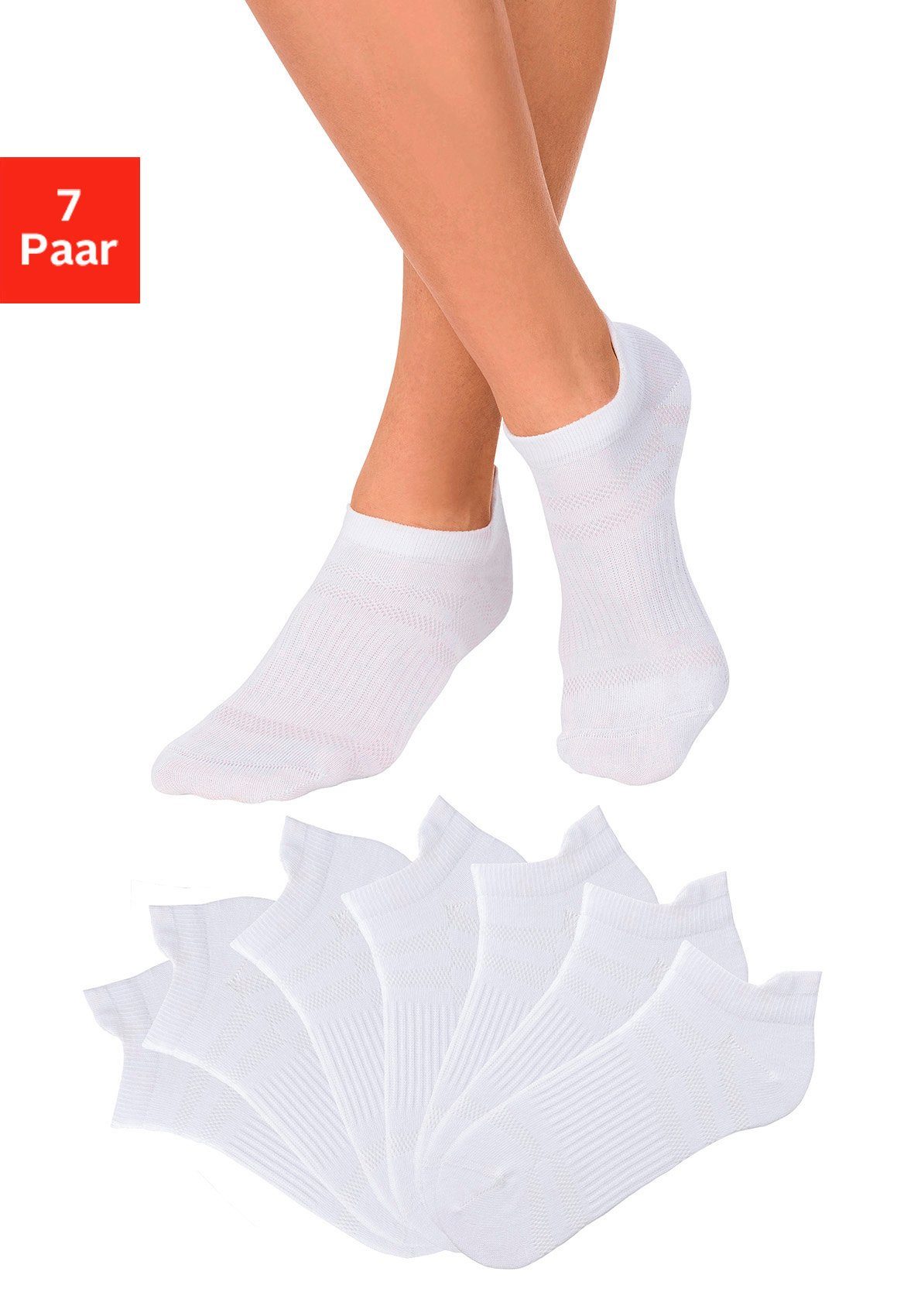 LASCANA ACTIVE Sneakersocken Damen Kurze, Niedrige Socken aus Baumwolle für Sneaker, ohne Frottee (Packung, 7-Paar, Gr. 35-38 bis 39-42) in Piqué-Optik, Mittelfußgummi für optimaler Halt