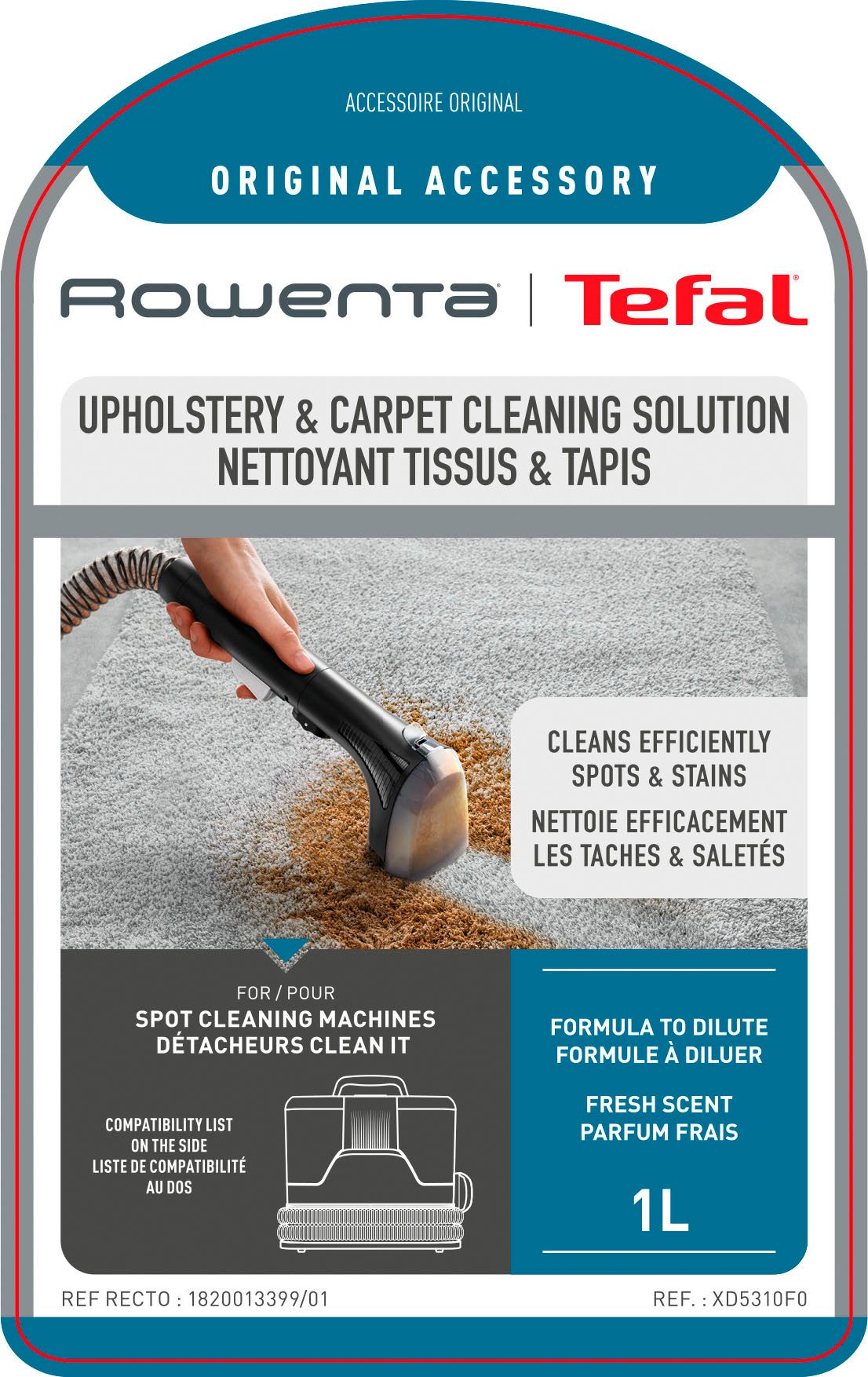 Rowenta XD5310 Clean It Teppichreiniger (1-St. Reinigungslösung, für Polster/Teppiche, gegen hartnäck. Flecken, 1L)