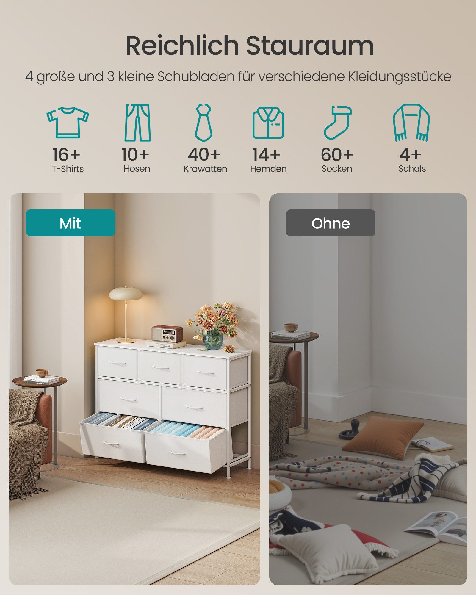 SONGMICS Kommode Schrank, Aufbewahrungsschrank, Stahl, MDF, Vliesstoff, für Schlafzimme