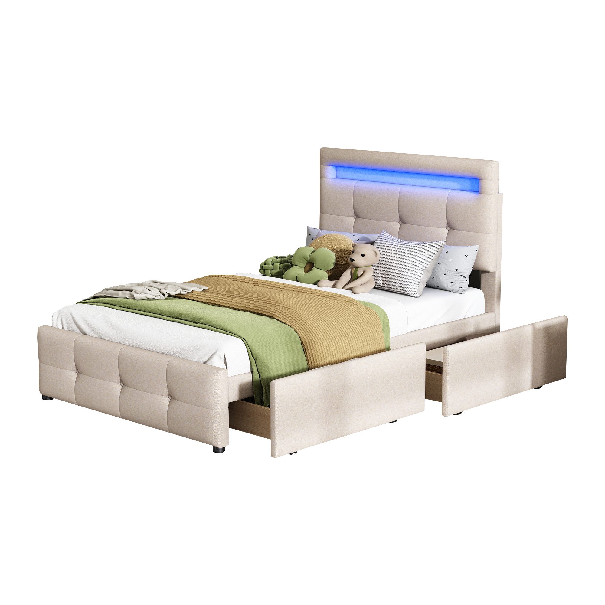 Merax Polsterbett mit 2 Schubladen und LED-Beleuchtung, Einzelbett 90x200 cm gepolstert mit Lattenrost, Jugendbettt, Kinderbett