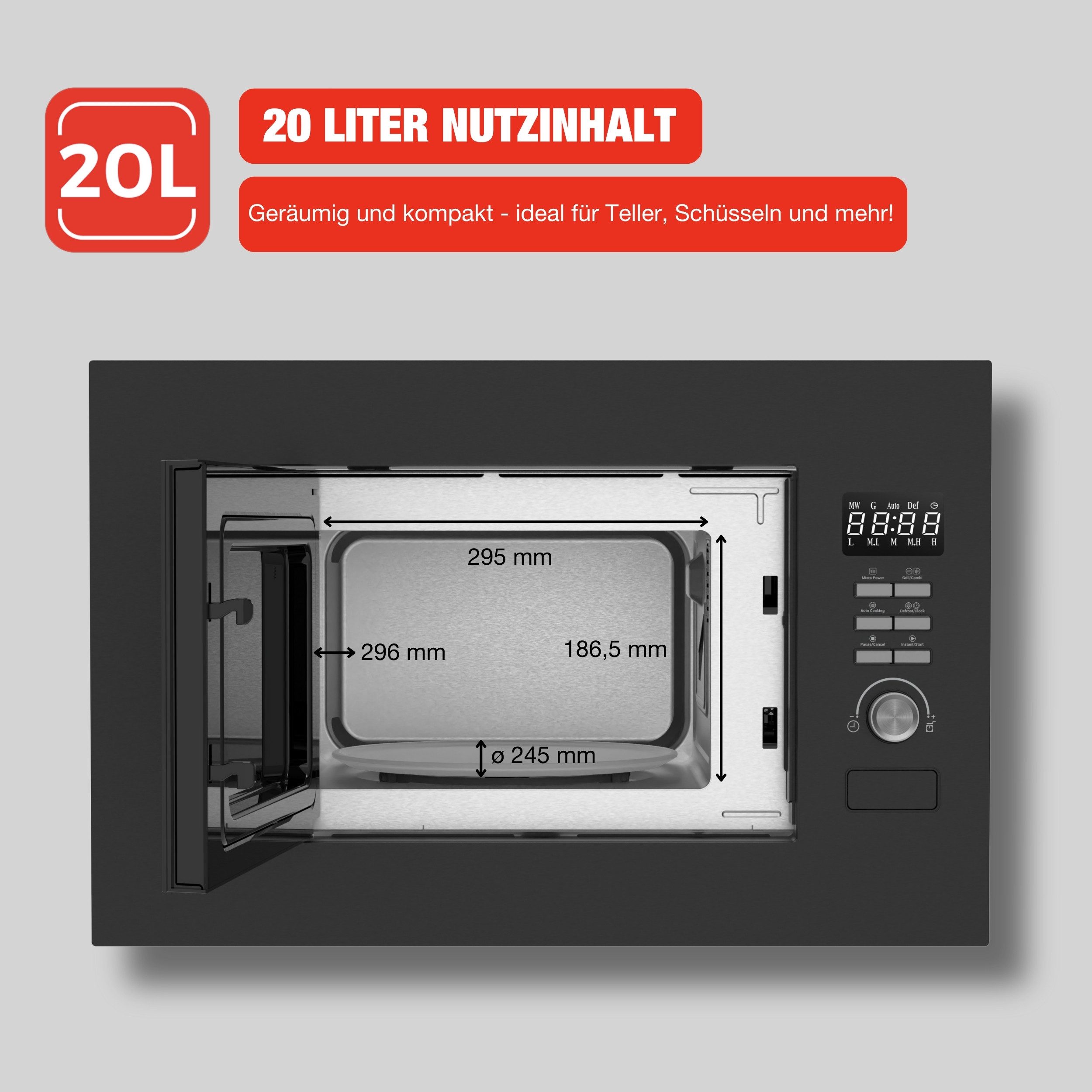 Telefunken Einbau-Mikrowelle B-MWE-20-G-B, Grill und Mikrowelle, 20 l, Einbaumikrowelle mit Grill, 700 W, 800 W Grill, Timer, schwarz, 60 cm