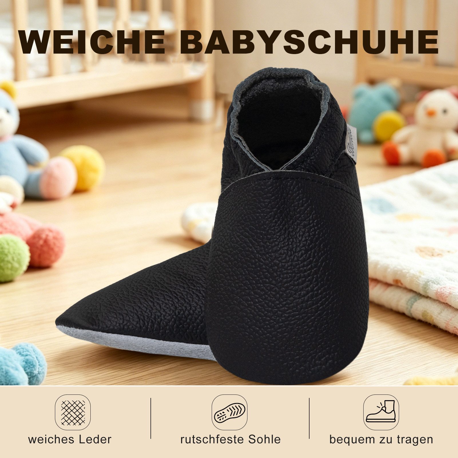 Bemesu Baby Hausschuhe Leder handgefertigt barfußähnlich Krabbelschuh
