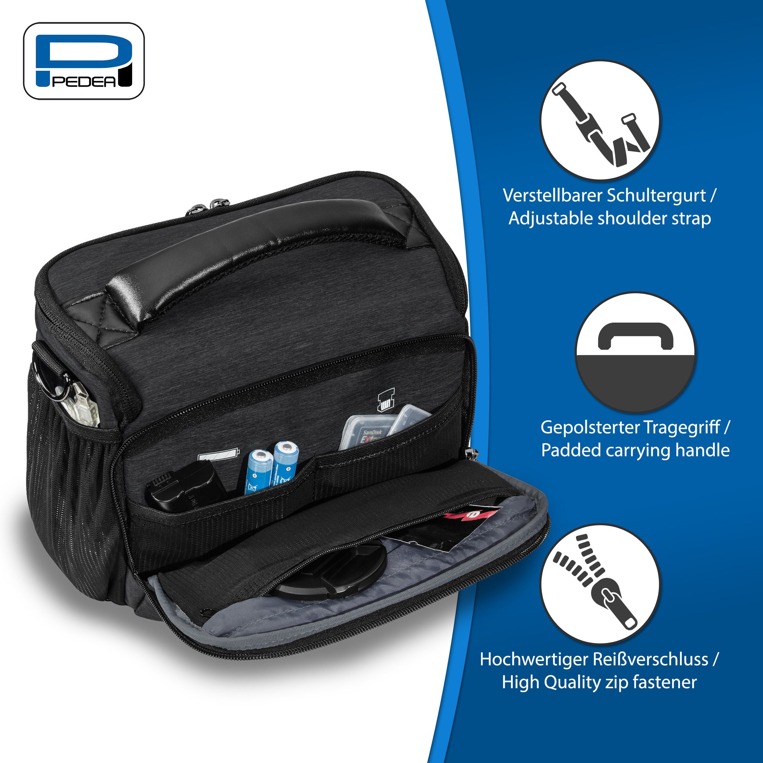 PEDEA Kameratasche NOBLE Fototasche für Spiegelreflexkamera DSLR SLR, Regenschutzhülle, Zubehörfächer, Schultergurt