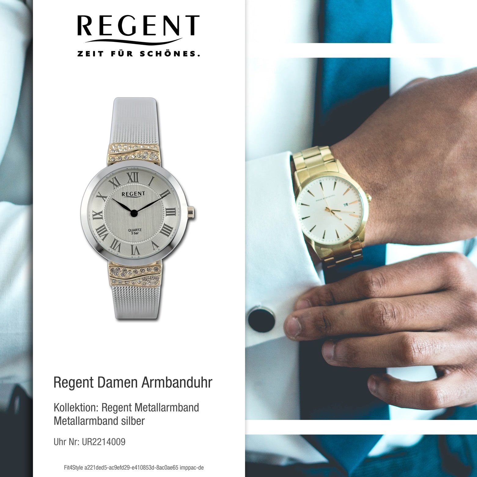 Damen Armbanduhr Regent Analog, (ca. 30mm), Metallarmband Regent extra Damen rund, Quarzuhr Armbanduhr groß