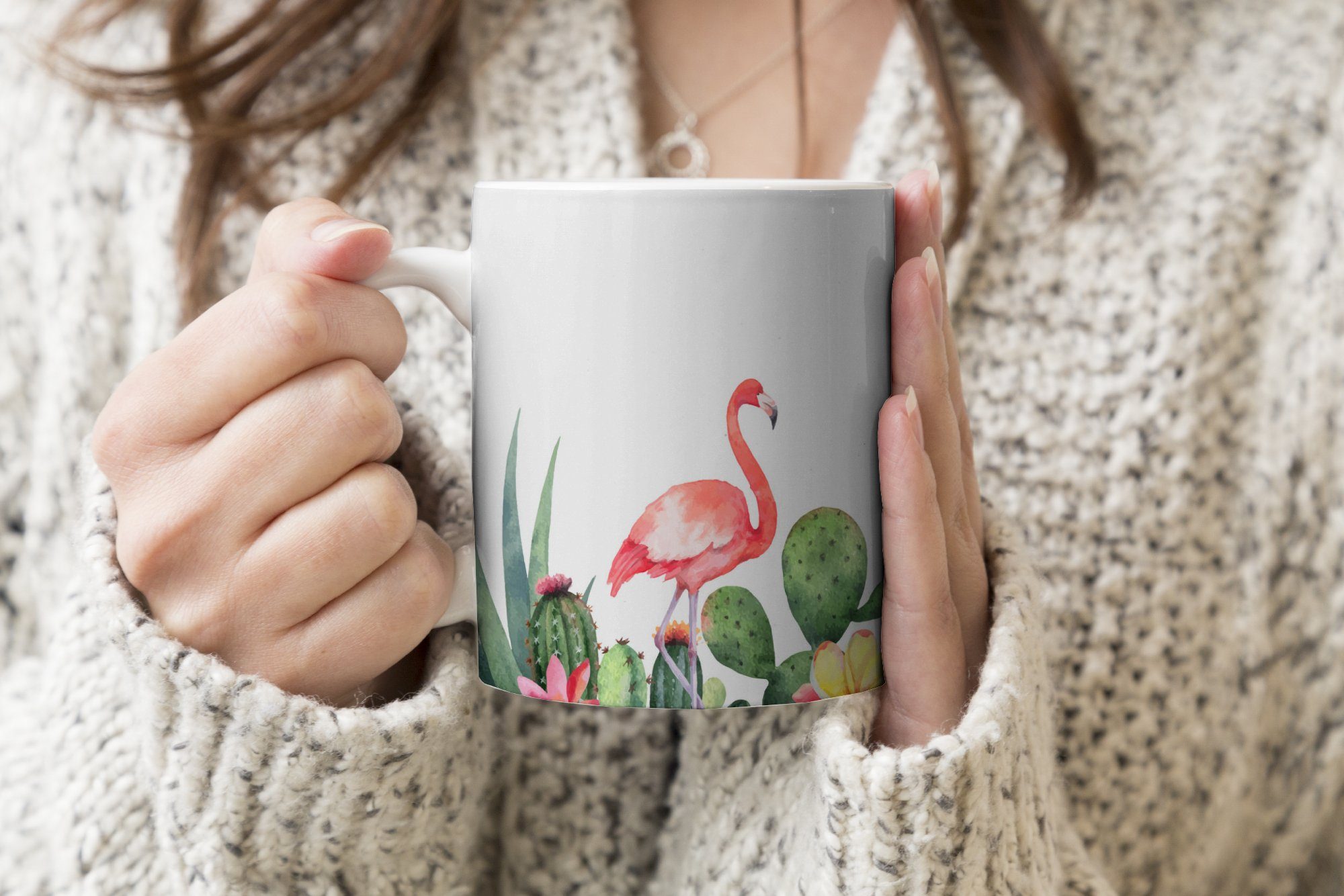 MuchoWow Tasse Mädchen - Teetasse, Aquarell Geschenk - Pflanzen Kind - Flamingo - Becher, Keramik, Kaffeetassen, Jungen, - Teetasse