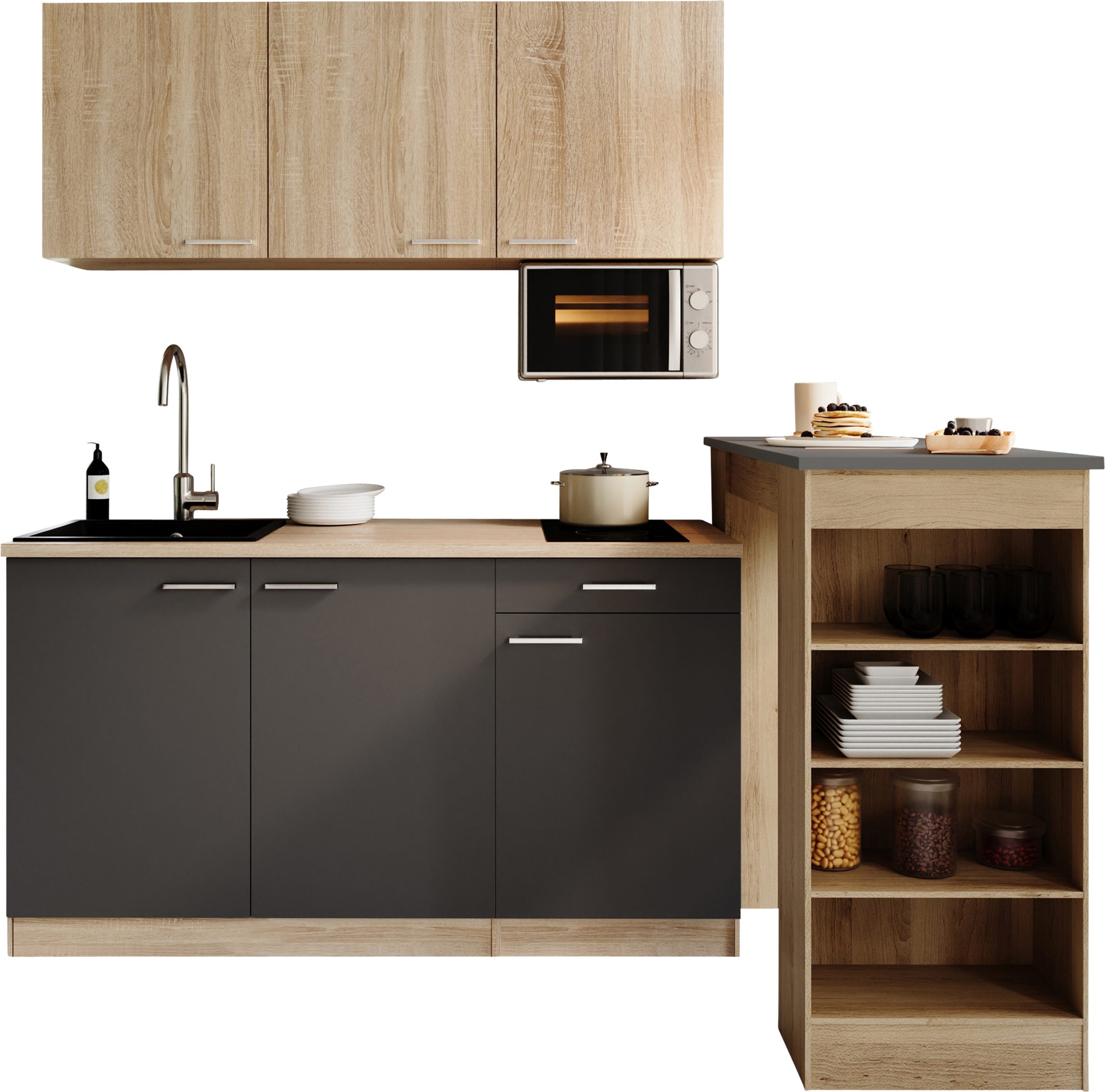 RESPEKTA Pantryküche Ingrid, inkl. Tresentisch und Mikrowelle, zerlegt, wahlweise mit Kühlschrank, Soft-Close-Funktion, Breite 150 cm