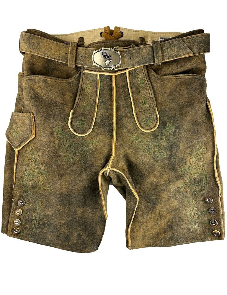 Buchberger Leder Trachtenlederhose 'Karl 1' mit Gürtel, Hirschleder Torf Grüner Stic