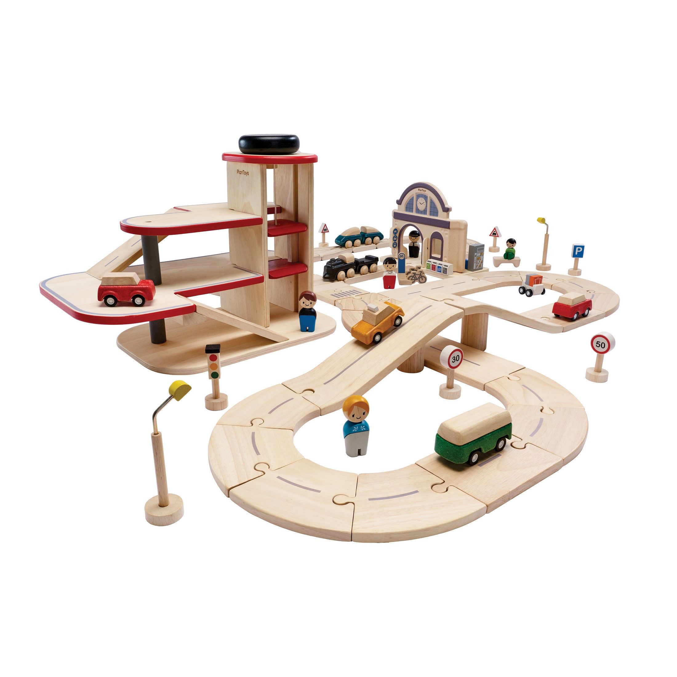 Plantoys Spielzeug-Zug PlanToys- Stadtverkehrs-Schienen- & Straßenset 28x23x38 cm - 3y+, (Komplettset, 65-tlg)