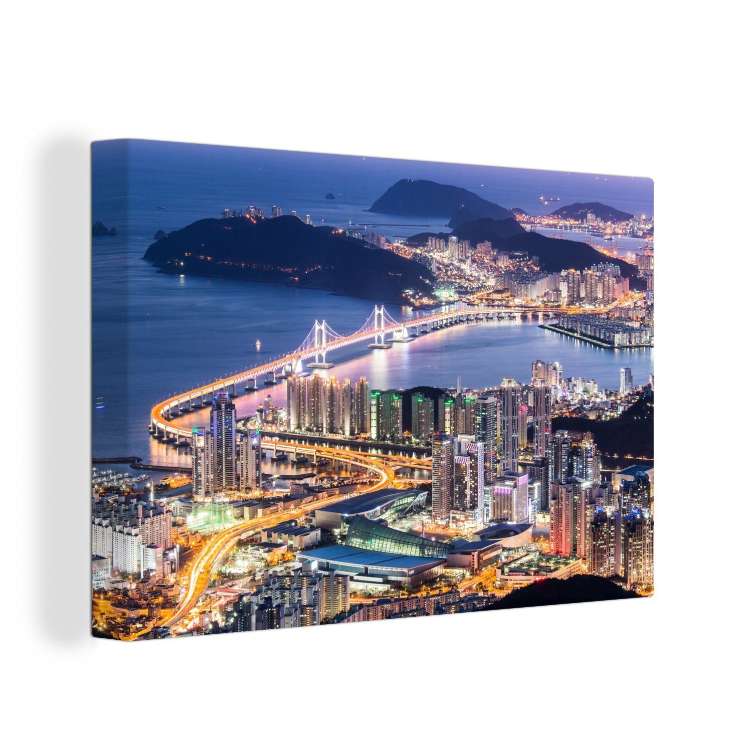 OneMillionCanvasses® Leinwandbild Skyline von Busan in Südkorea am Abend, (1 St), Wandbild Leinwandbilder, Aufhängefertig, Wanddeko, 30x20 cm