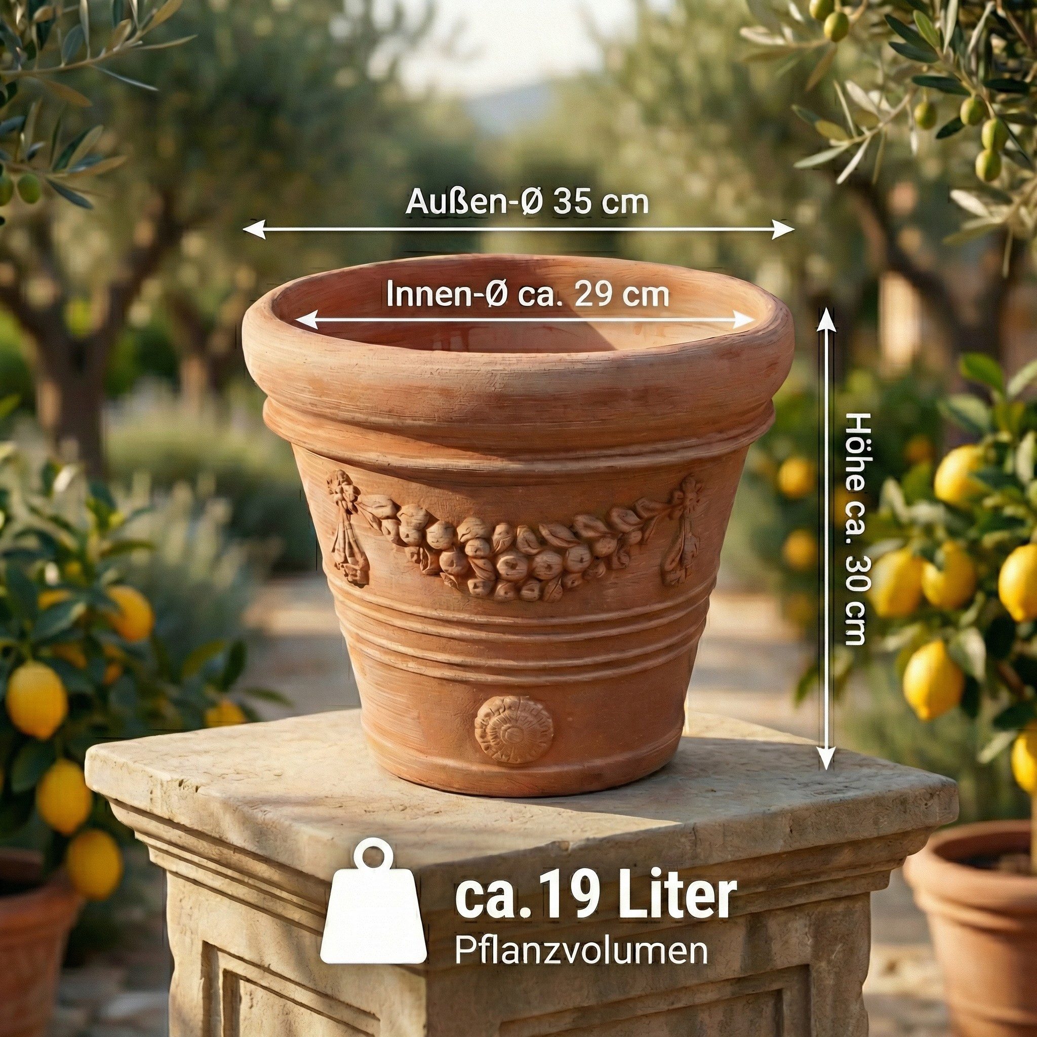 Teramico Blumentopf Terrakotta Pflanzkübel "Festonato" – Ø 36 cm – Italien (1 St), Frostfest, UV-Fest