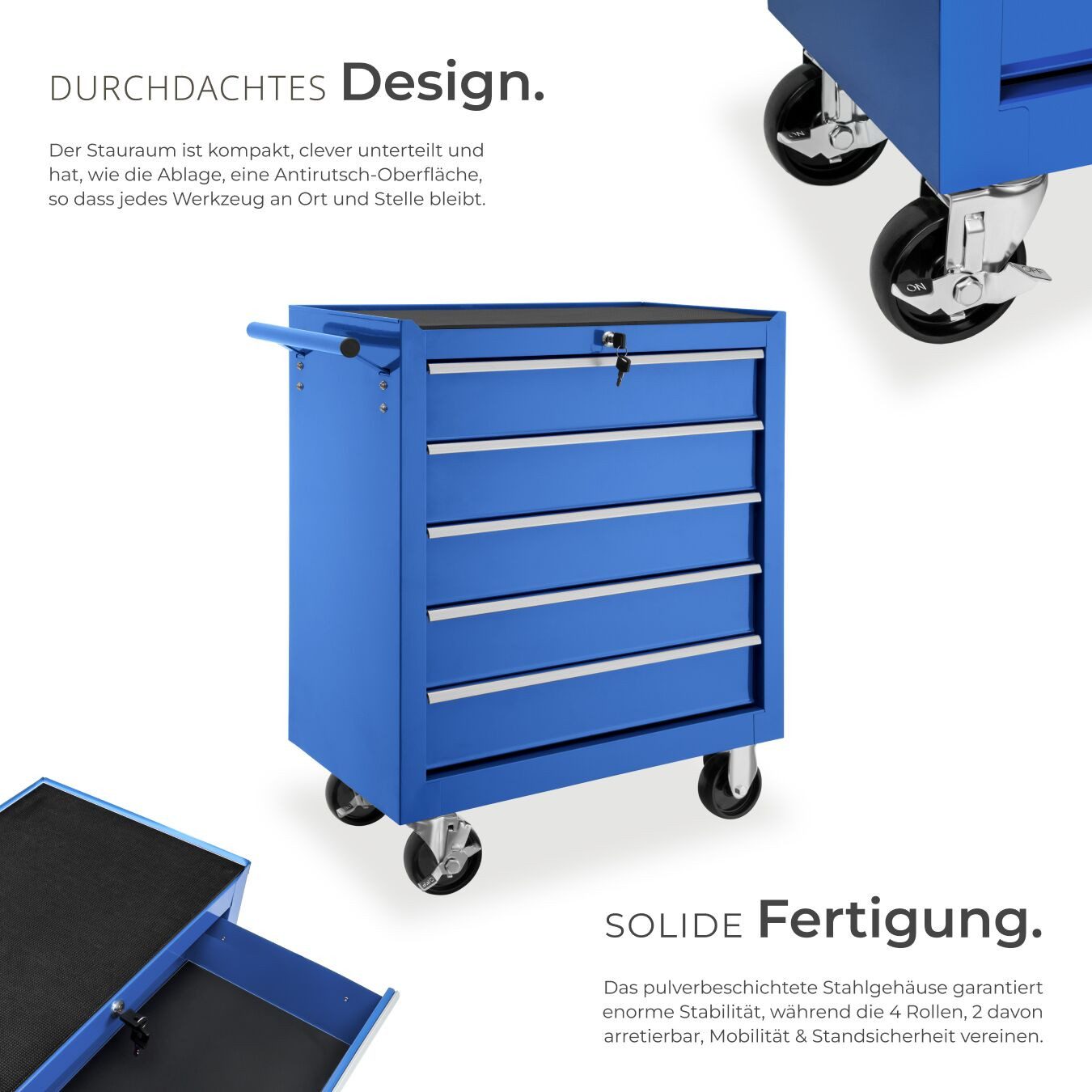 tectake Werkzeugwagen Werkstattwagen mit 5 Schubladen, blau, 5 kugelgelagerte Schubladen mit Antirutschmatten