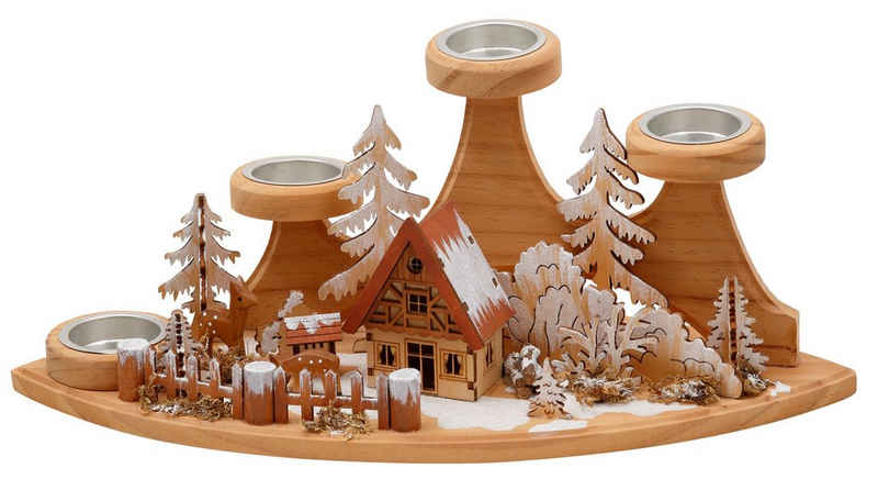 Home affaire Teelichthalter Winterlandschaft, Weihnachtsdeko aus Holz (1 St), Adventsleuchter für 4 Teelichter, Breite ca. 37 cm