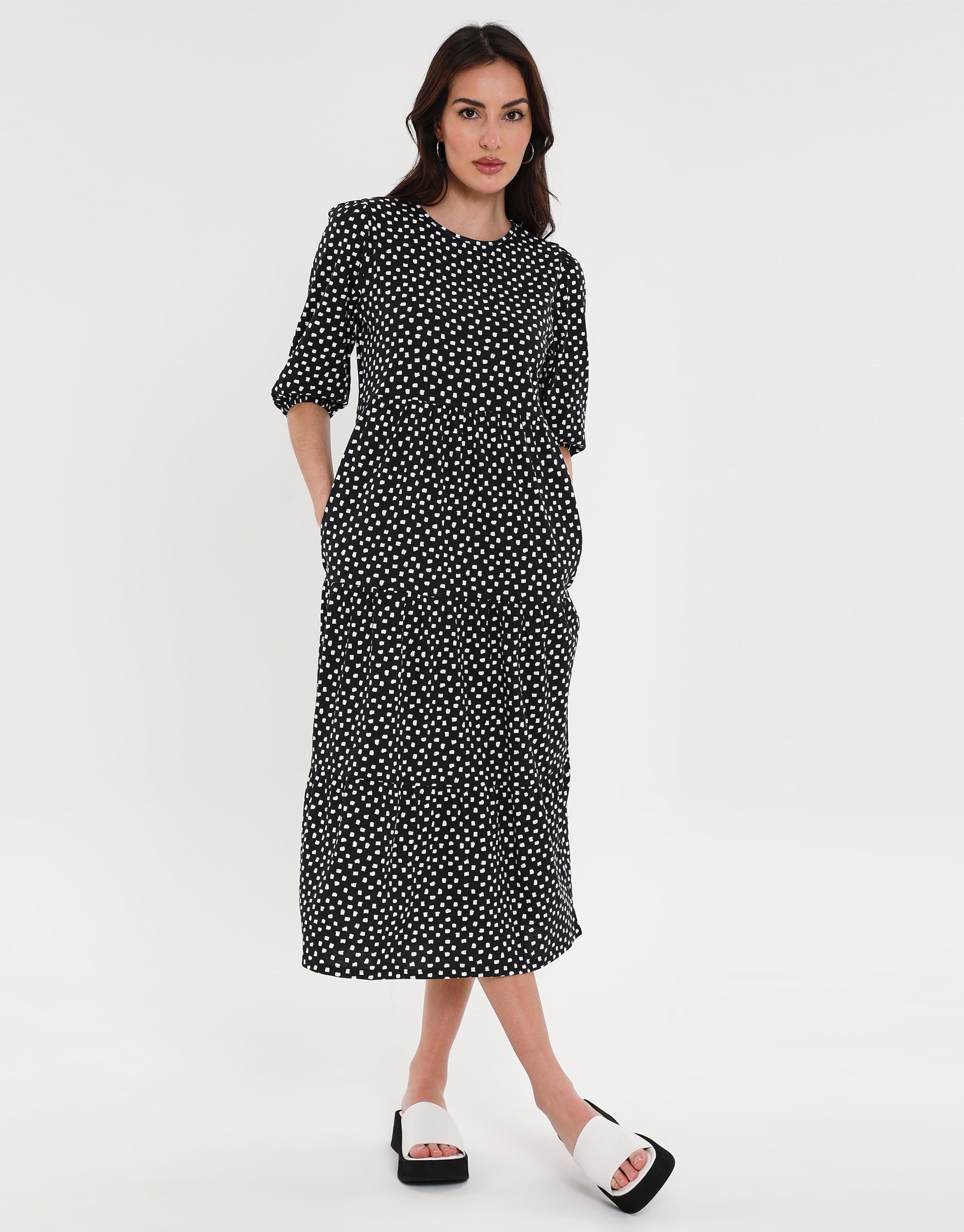 Threadbare Sommerkleid THB Finn Midi Tiered Dress Black Dot - schwarz gepunktet
