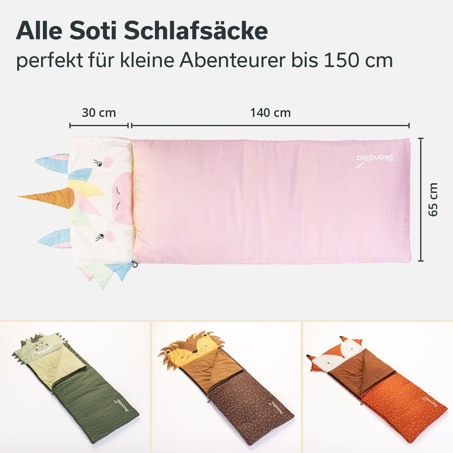 Skandika Kinderschlafsack Soti, für Kinder bis 150 cm, buntes Design Einhorn (maschinenwaschbar, Kopfteil, in Tierform und mit Tiermotiv bedruckt), mit Baumwollflanell, Komfort-Temperaturen von 13 °C bis 3 °C