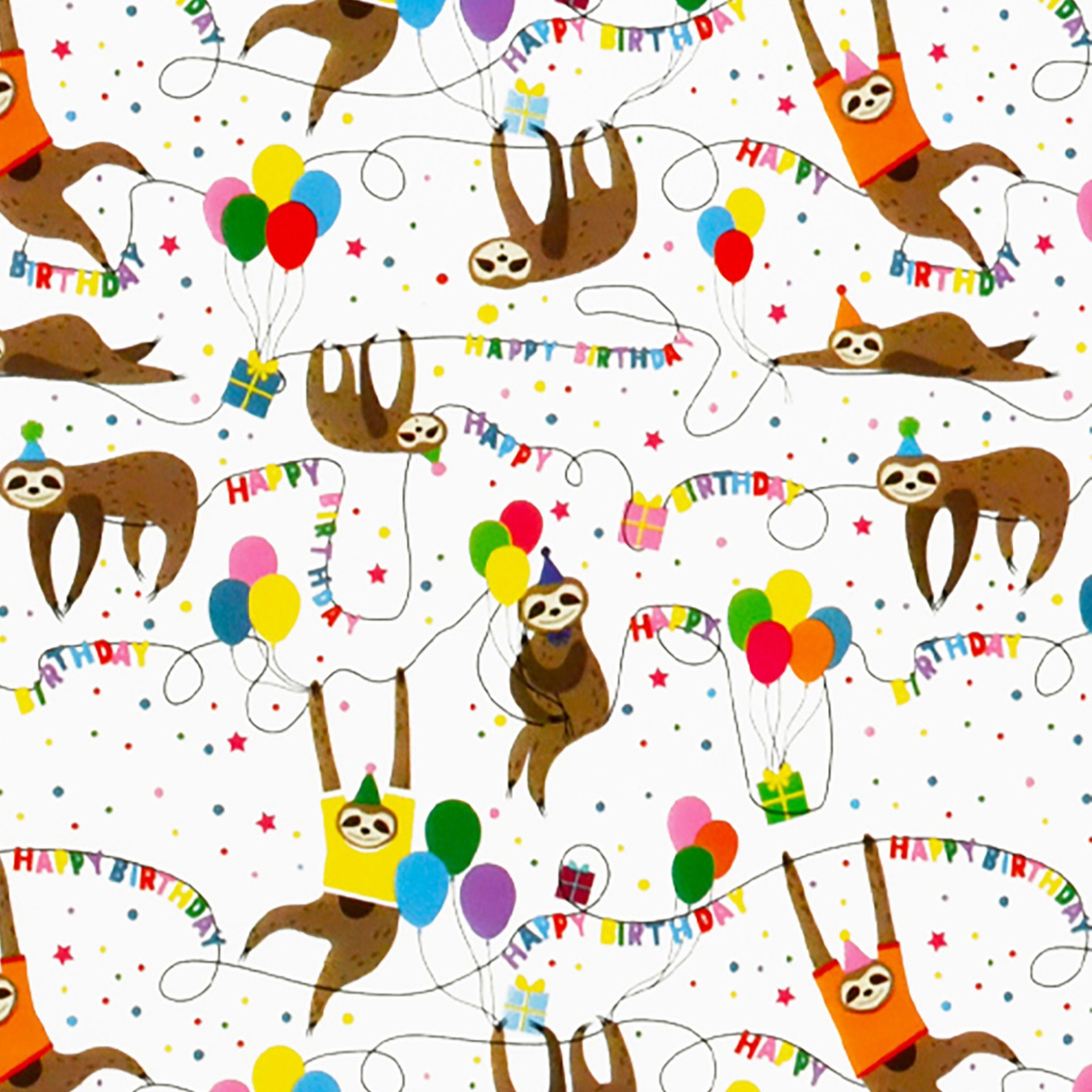 Star Geschenkpapier, Geschenkpapier Happy Birthday mit Faultier Motiv 70cm x 2m Rolle Bunt
