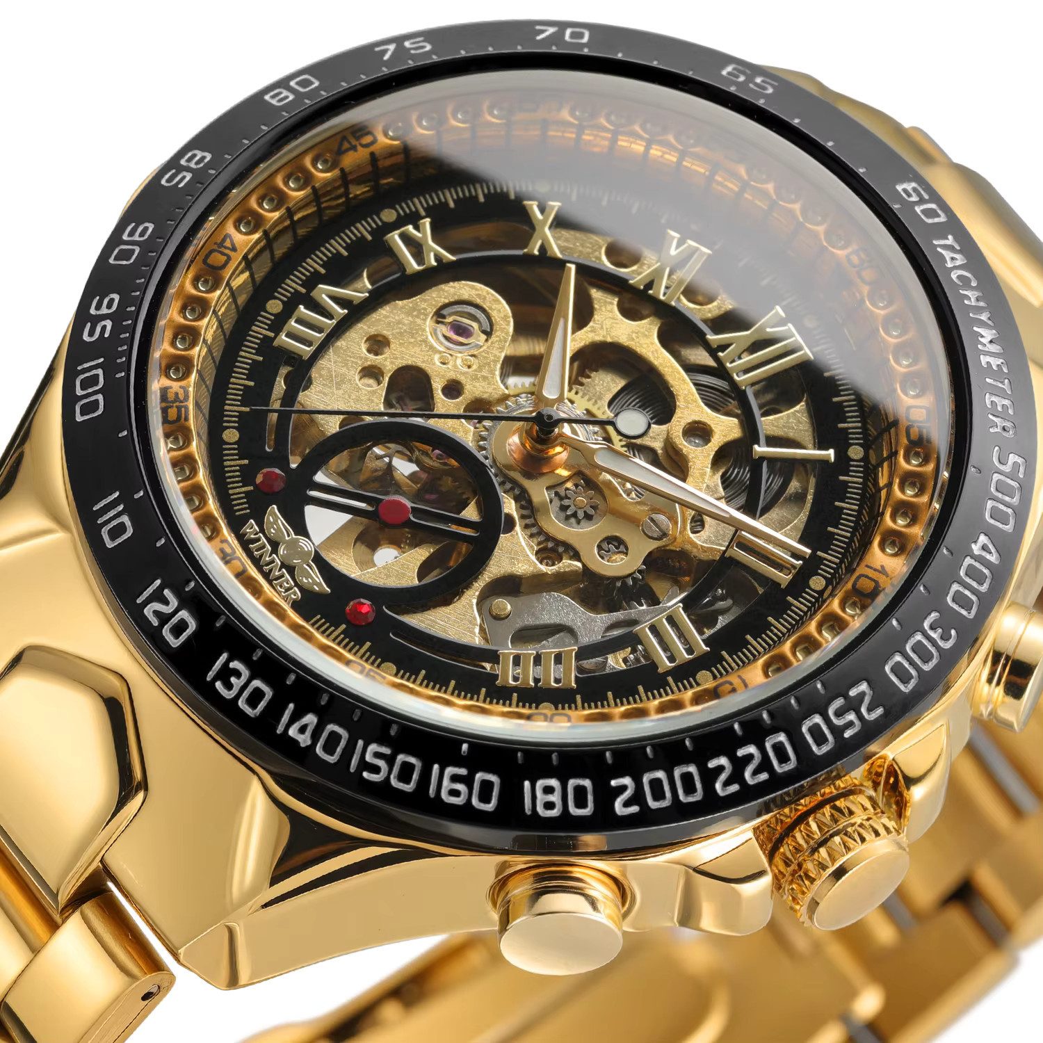 Rötting Design Automatikuhr Herrenuhr Armbanduhr Edelstahl schwarz goldfarbenes Ziffernblatt, Skelett Ziffernblatt