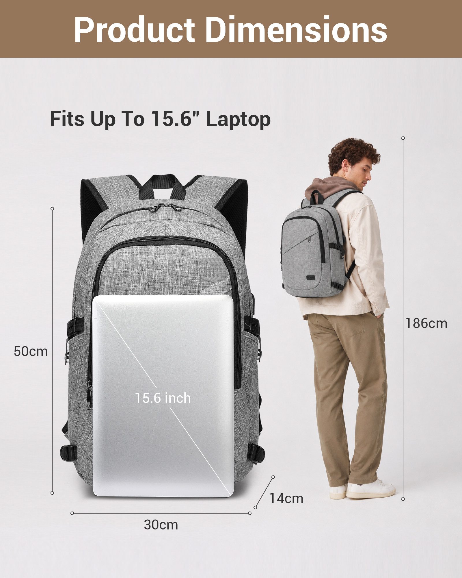 KONO Laptoprucksack, XL Laptop-Rucksack (50x30x14cm) + kleines Zahlenschloss