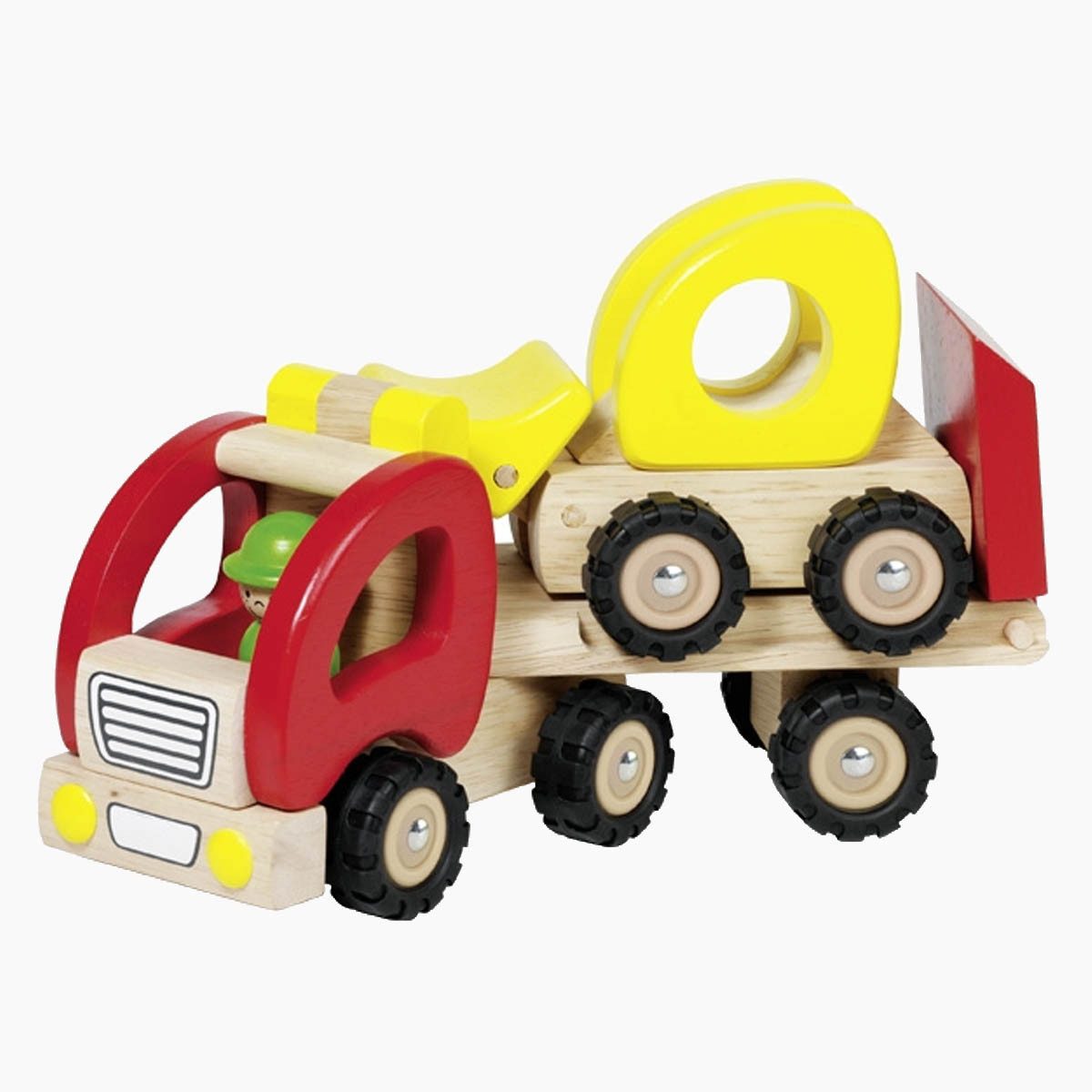 goki Spielzeug-Baumaschine Tieflader mit Radlader, (packung, 2-tlg., spar set), aus Massivholz mit echter Gummibereifung für ein leises Abrollen.