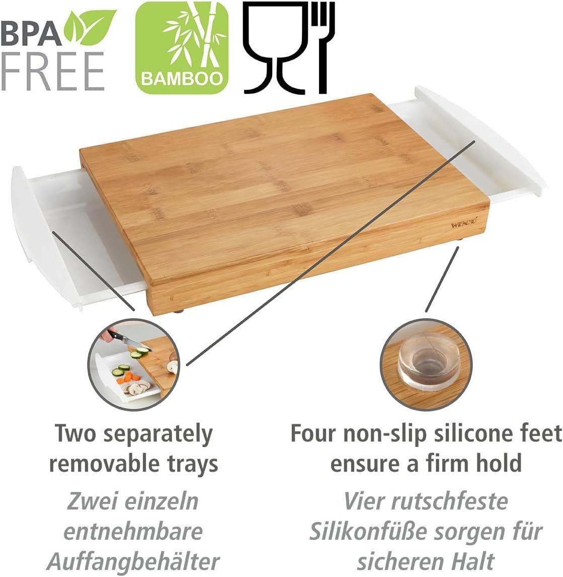 WENKO Schneidebrett Bambus Schneidbrett mit Auffangschalen Küchenbrett Holz Wenko, Bambus, (Spar-Set, Brett mit 2 Auffangschalen), mit Silikonfüßen und zwei praktischen Auffangschalen
