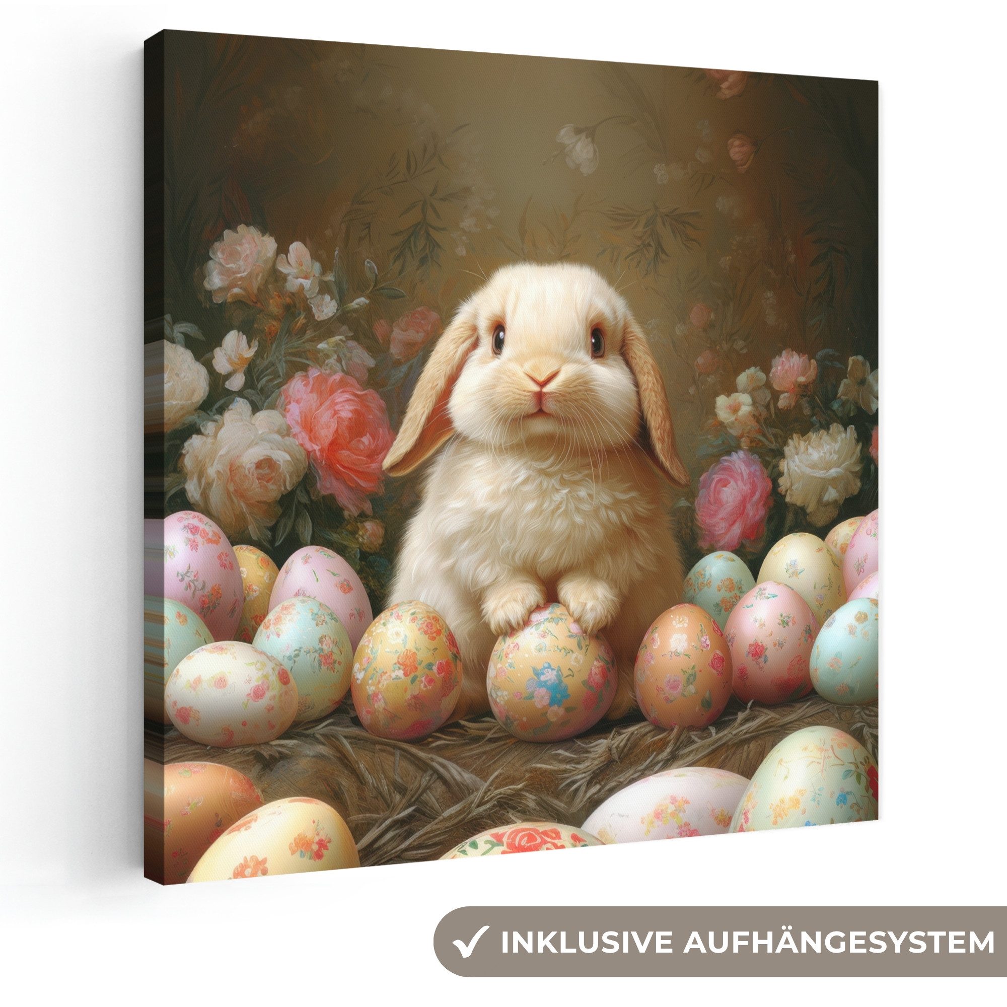 OneMillionCanvasses® Leinwandbild Kaninchen - Ostereier - Stilleben - Ostern Deko, Fotodruck (1 St), Wandbild, Deko Schlafzimmer Wohnzimmer Flur 20x20 cm