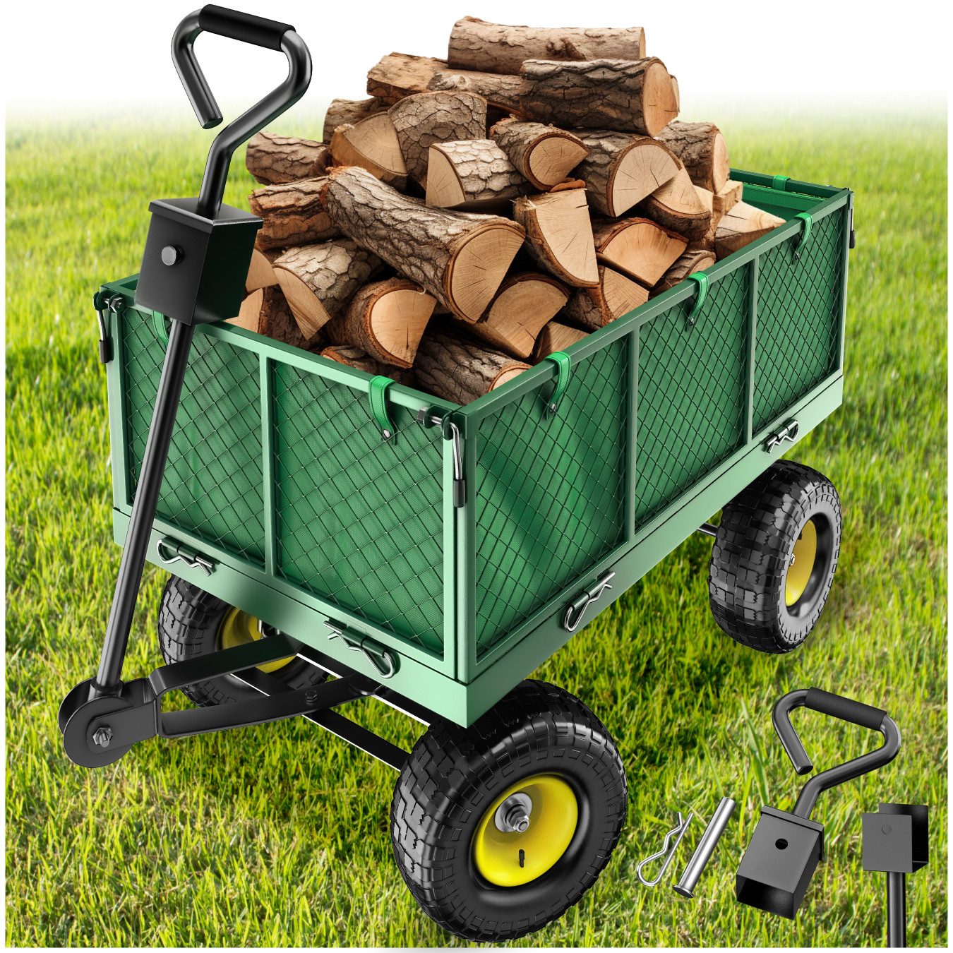 tectake Bollerwagen Faltbarer Handwagen max. 550kg mit klappbaren Seitenwänden (1 Transportwagen, 1-tlg., 150L Volumen in Grün), Luftreifen, leichtgängige Lenkachse mit gepolstertem Griff