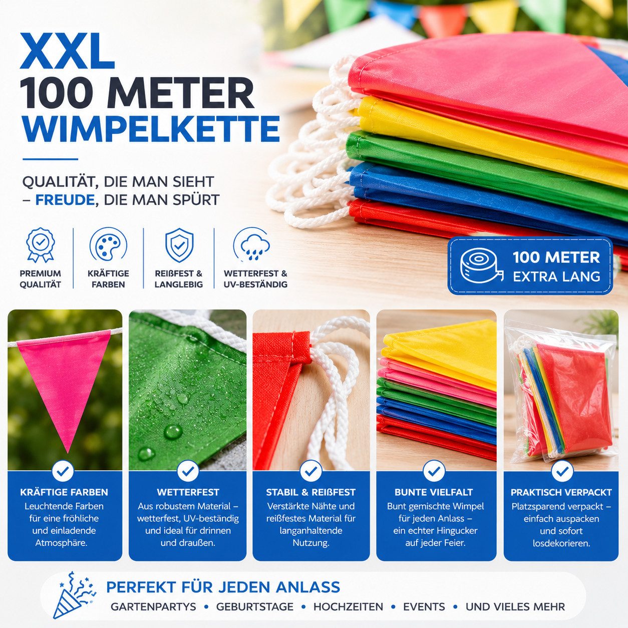 FESTIFUN Wimpelkette Bunte Wimpelkette aus Stoff, 100 m Gesamtlänge, wiederverwendbar – Bild 4 von 5