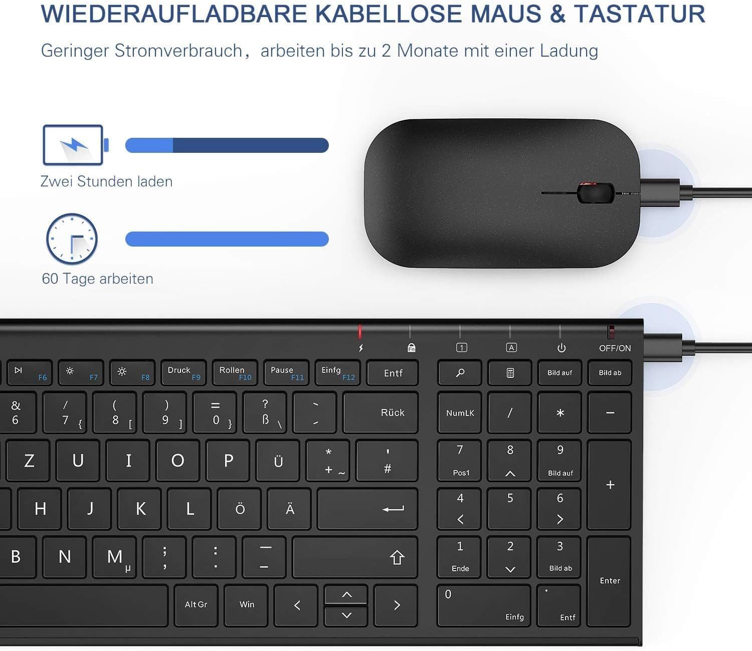 Seenda WGJP-031B Tastatur Maus Set Kabellos Wiederaufladbare Aluminium Maus (Funk, Ultradünne und Leise Funktastatur mit kompaktes Design)