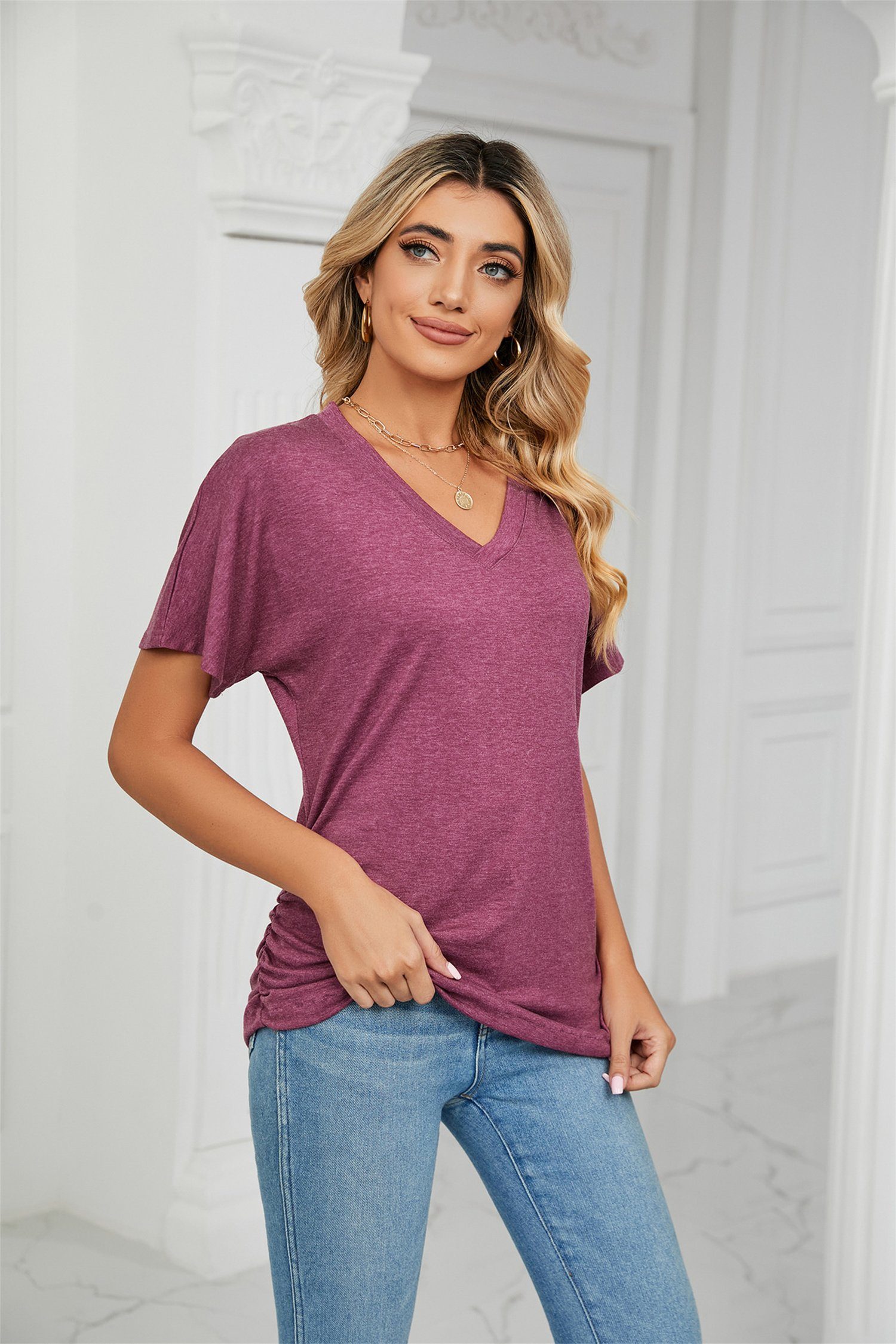 carefully Damen-T-Shirt, V-Ausschnitt, V-Shirt Rot kurzärmelig, selected Sommer-Basic-Bluse