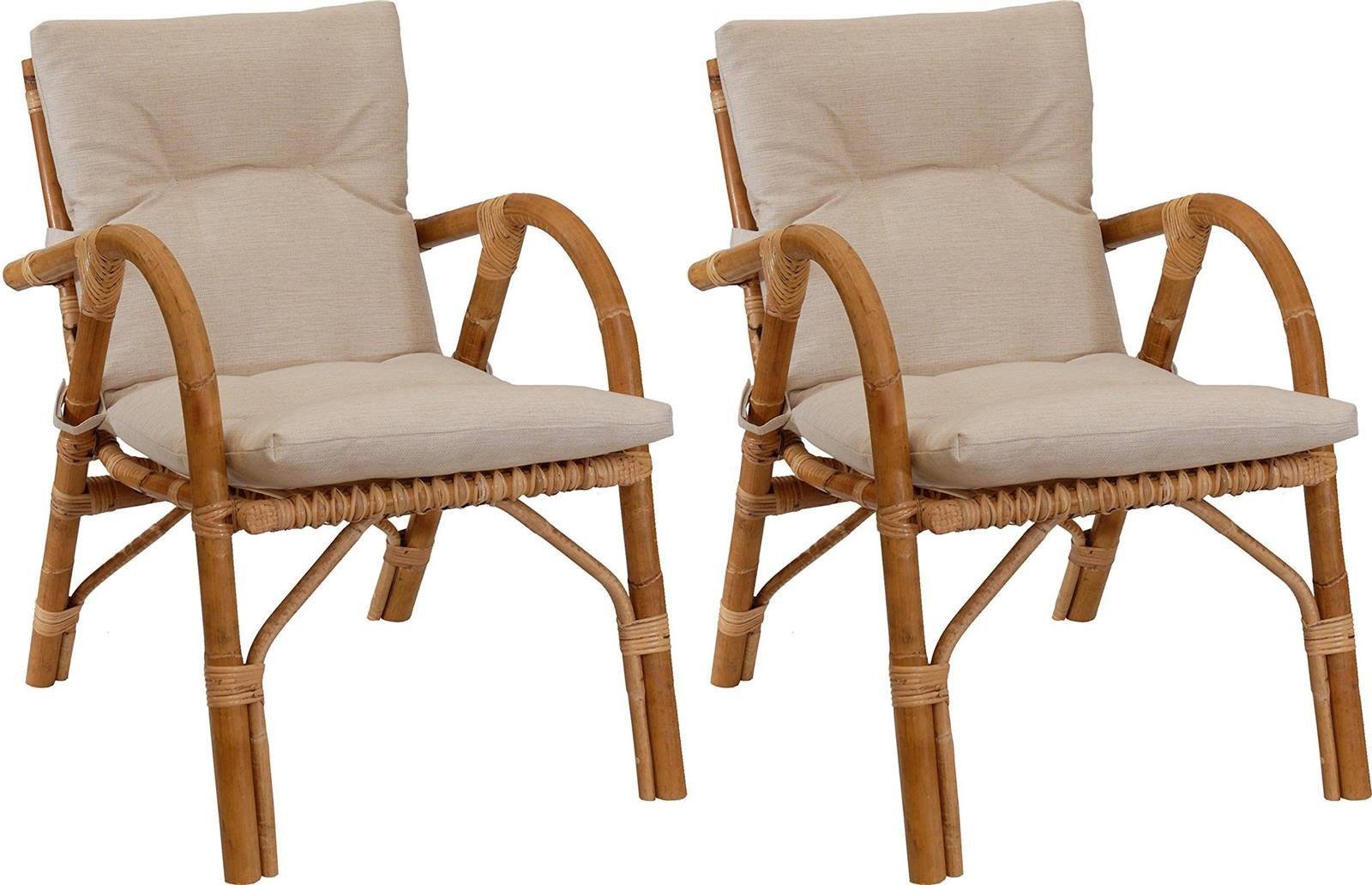 Krines Home Sessel Set/2 Rattansessel aus Rattan mediterraner Stil (Gestäbt mit Polster), Relax Naturrohr Korbstuhl mit Armlehnen