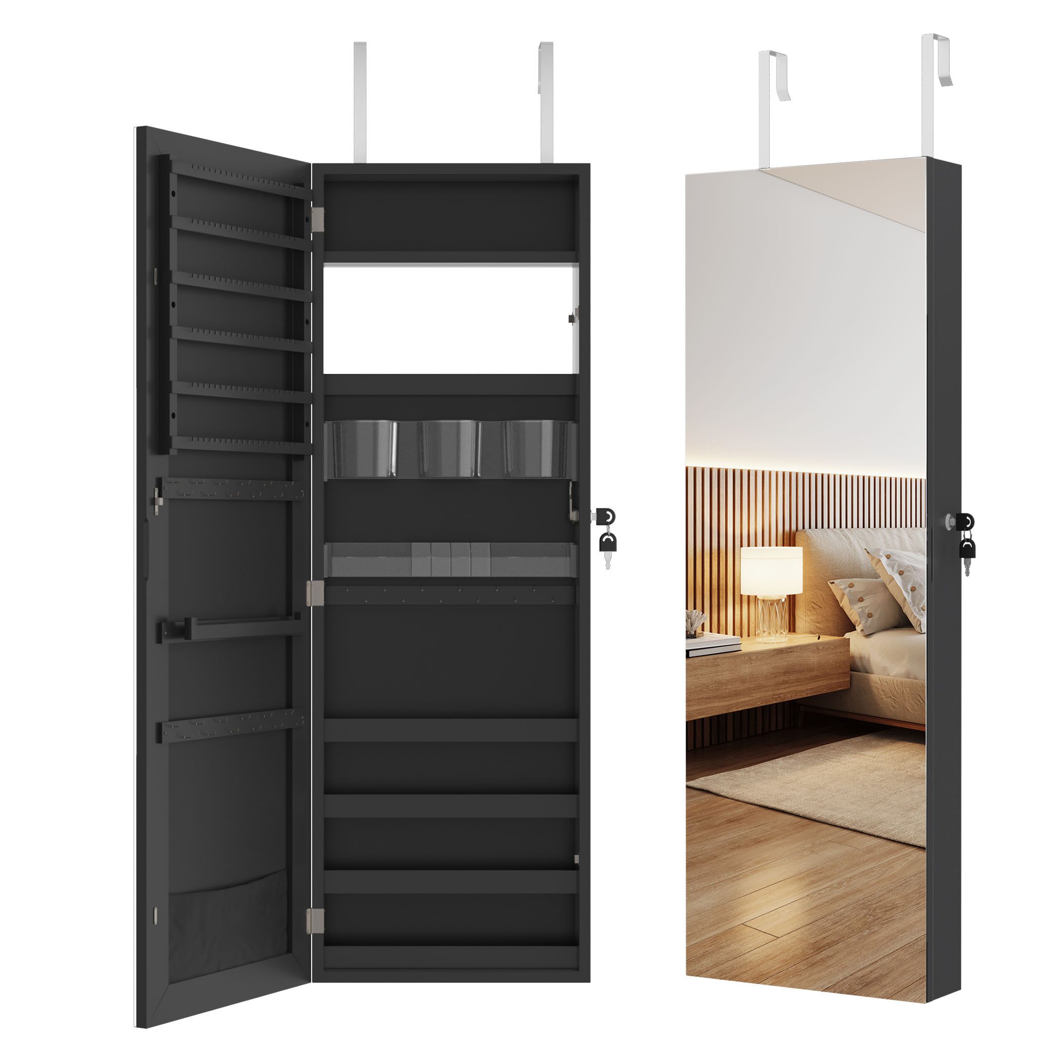 FIVMEN Schmuckschrank Spiegelschrank zur Aufhängen Hängend Abschließbar 2 in 1 Wandspiegel und Schmuck Organizer Wandmontage Weiß/Schwarz