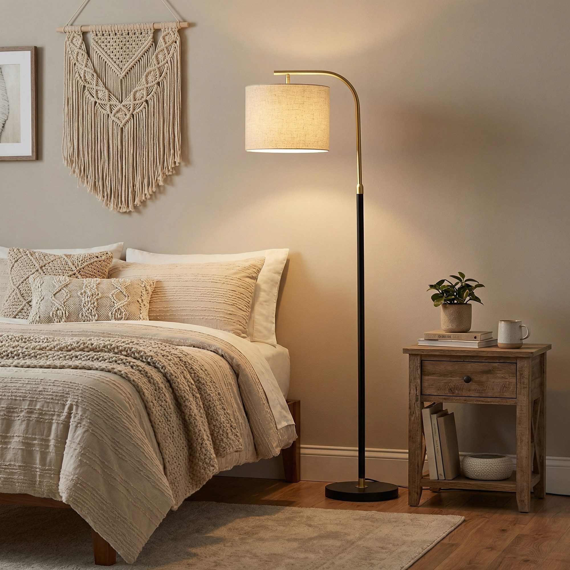VASAGLE Stehlampe Stehleuchte, Bogenlampe, höhenverstellbare Leselampe, mit Fußtaster, mit 3 Lichtfarben, 150-175 cm hoch, modern, Lampenschirm aus Stoff, E27 Fassung