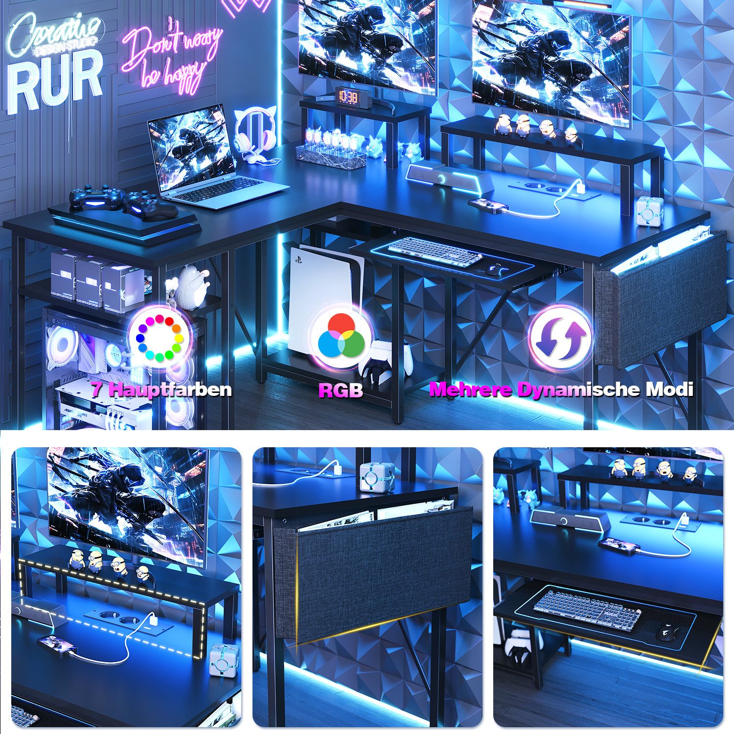 GUNJI Gamingtisch 140*140 cm L-förmiger Computertisch mit Ständer, LED-Ecks günstig online kaufen