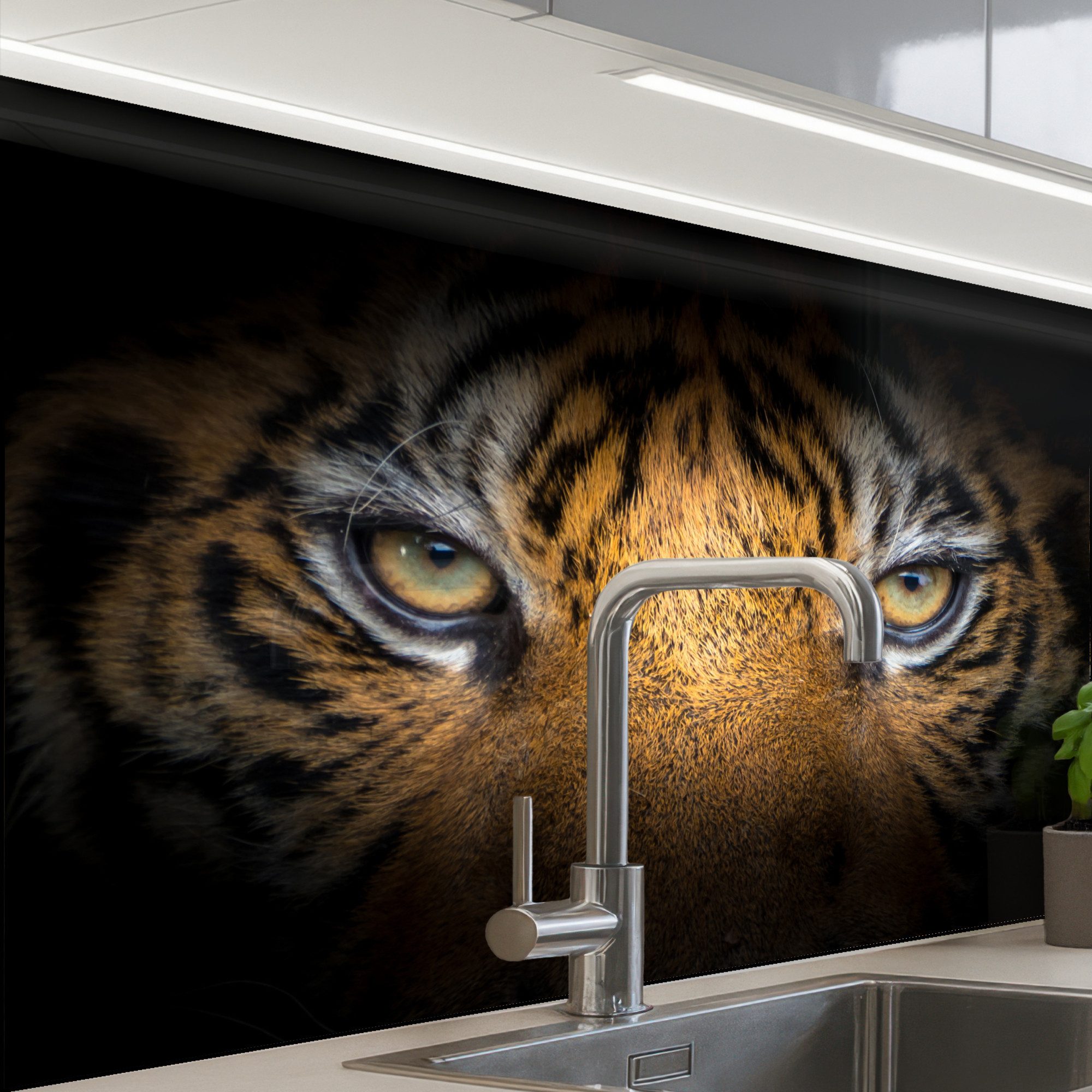 KitchenYeah Küchenrückwand selbstklebend Tiger - Schwarz - Tier, (1-tlg), Spritzschutz, Küche, Rückwand, Küchenwand, Küchenfront, 80x60 cm