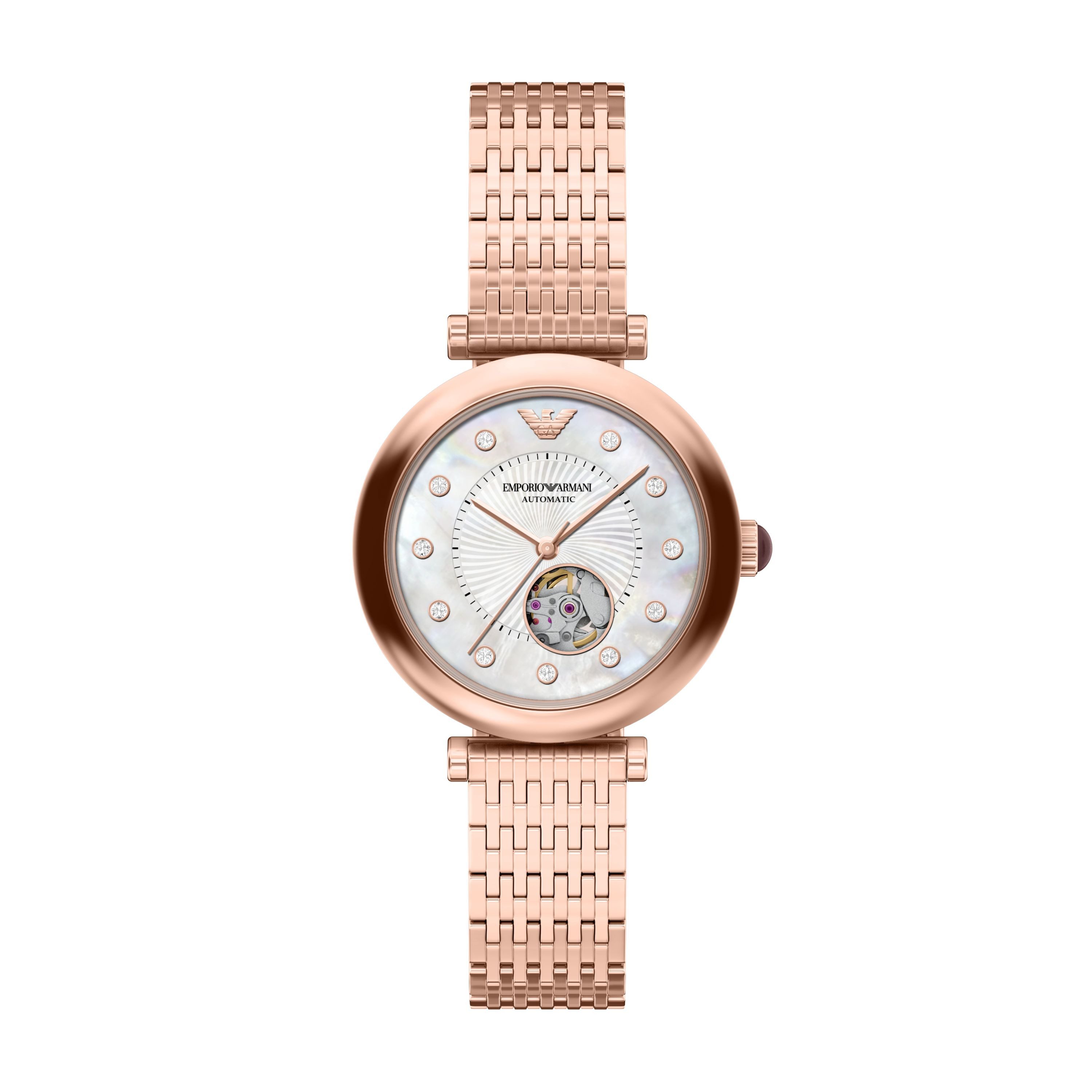 Emporio Armani Automatikuhr AR60096, Armbanduhr, Mechanische Uhr, Edelstahlarmband, analog, Glassteine