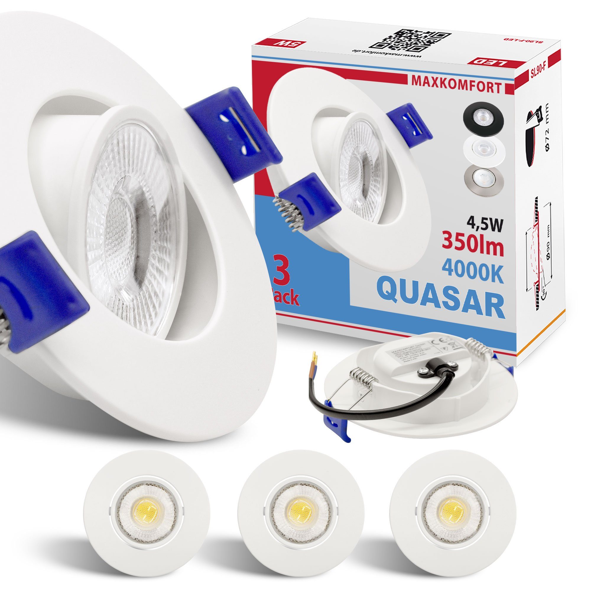 Maxkomfort LED Einbaustrahler 3/6/12er Set - schwenkbar & Ultraflach, Neutralweiß 4000K, LED fest integriert, Deckenspots Schwarz/Weiß/Silber - Einbauspots IP20 Ø90mm