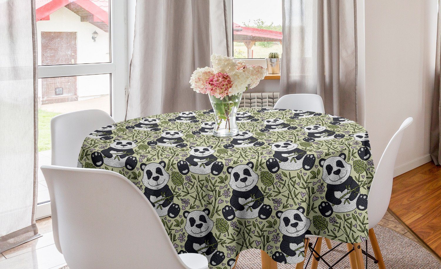 Tischdecke Panda Reizende Abdeckung Esszimmer Dekoration, Küche für Kreis Tischdecke mit Blättern Abakuhaus Tier