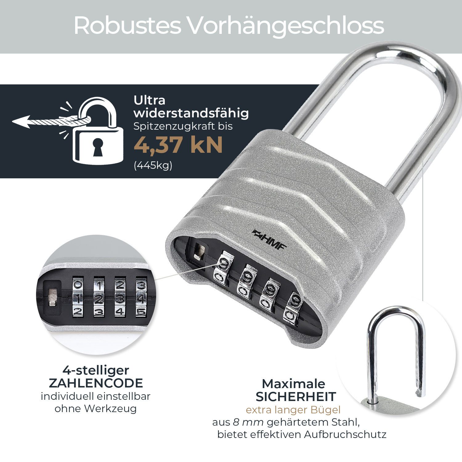 HMF Vorhängeschloss Zahlenschloss Vorhängeschloss mit hohem Bügel, robustes Schloss mit, 4-stelligem Zahlencode Aluminiumlegierung, 5,6 x 2,6 x 11,7 cm, Silber