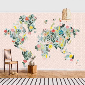 Bilderdepot24 Fototapete Florale Weltkarte Blumen Illustration bunt moderne Wanddeko XXL, Glatt, Matt, (Vliestapete inkl. Kleister oder selbstklebend), Jugendzimmer Flur Büro Wohnzimmer Fototapete Vliestapete Wandtapete