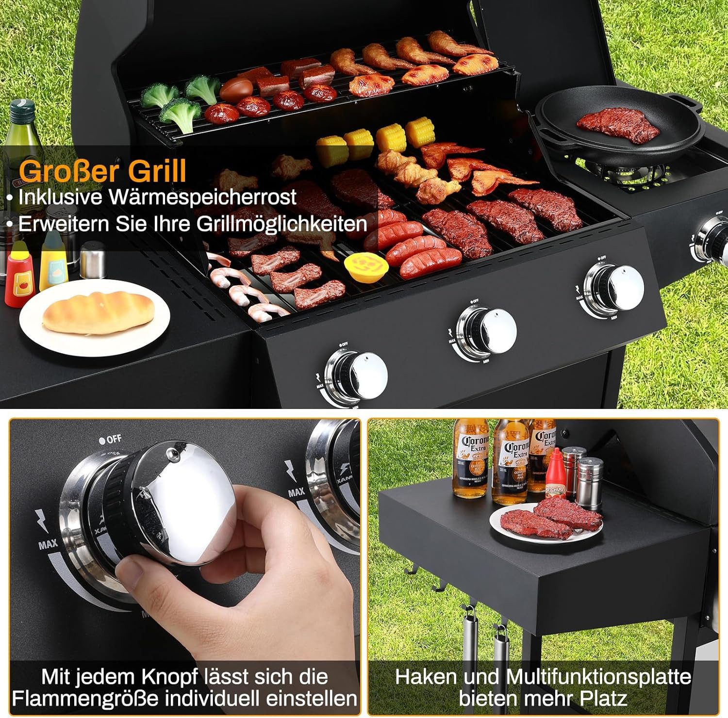 TLGREEN Gasgrill Grillwagen BBQ mit Seitenkochfeld, 3+1 Brenner,13,5 kw Gas, Standgrill,Grillküche Camping Garten
