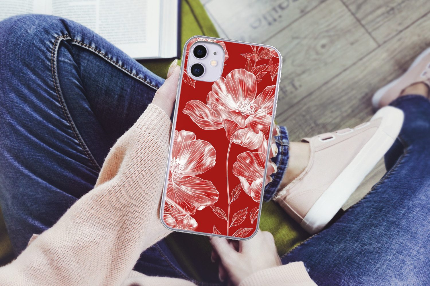 MuchoWow Handyhülle für Apple iPhone 11 Blumen - Muster - Rot - Weiß, Smartphone-Bumper, Print, Handy Schutzhülle Dünn