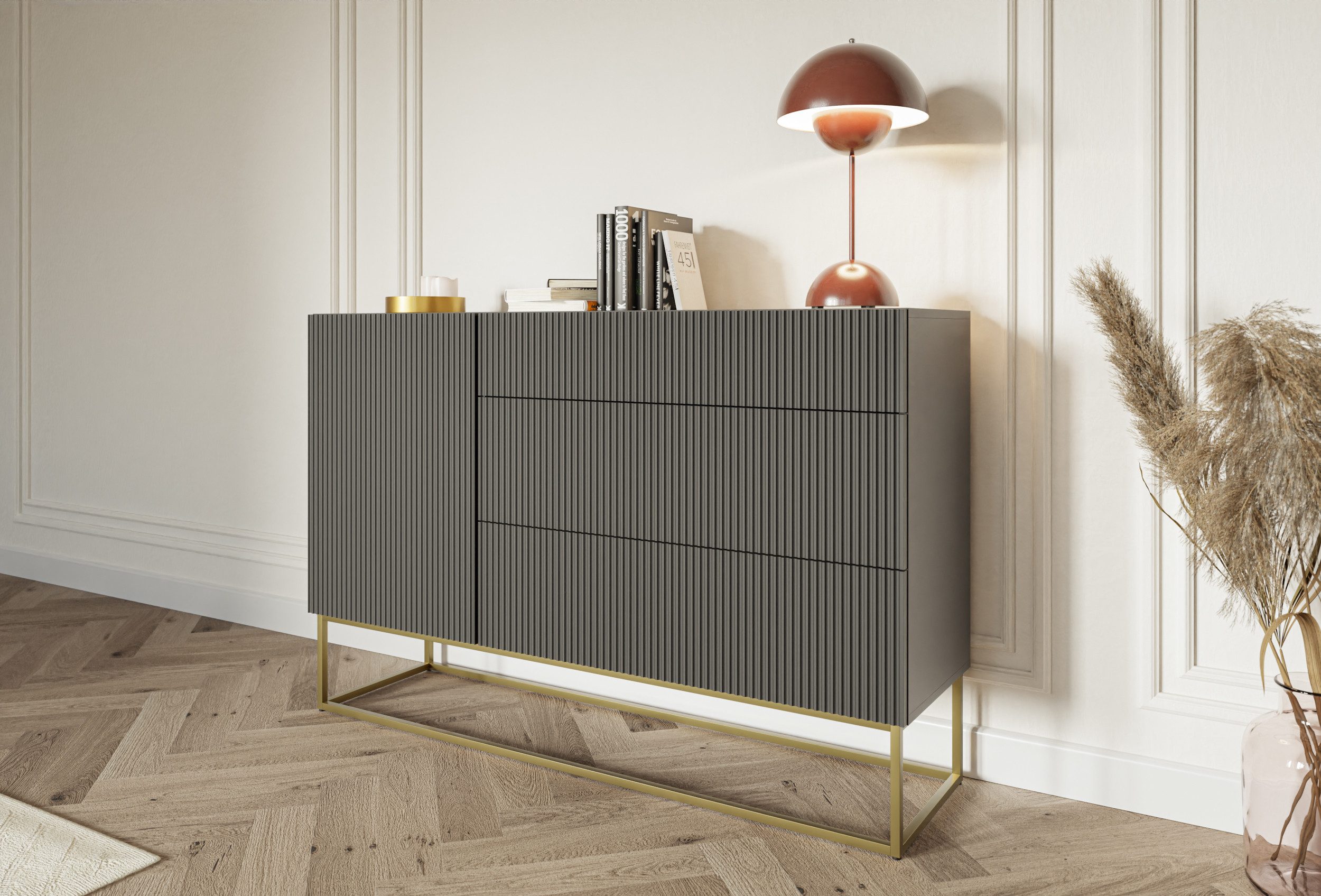 Selsey Sideboard VELDIO, 1-türig mit 3 Schubladen und Gestell in Gold, 140 cm