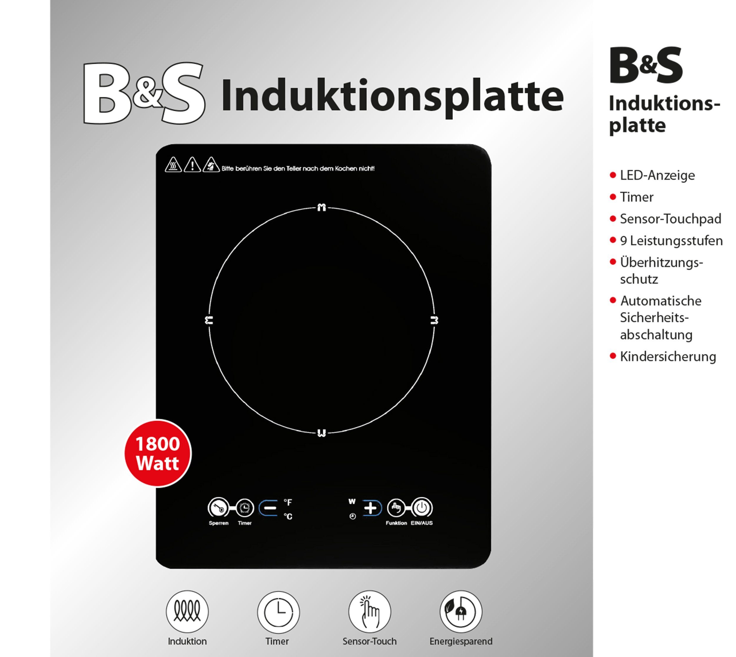 VBGK Induktionskochfeld 1 Platte – Tragbar, 1800W, Touch-Bedienung, 10 Stufen, Timer & Kindersicherung