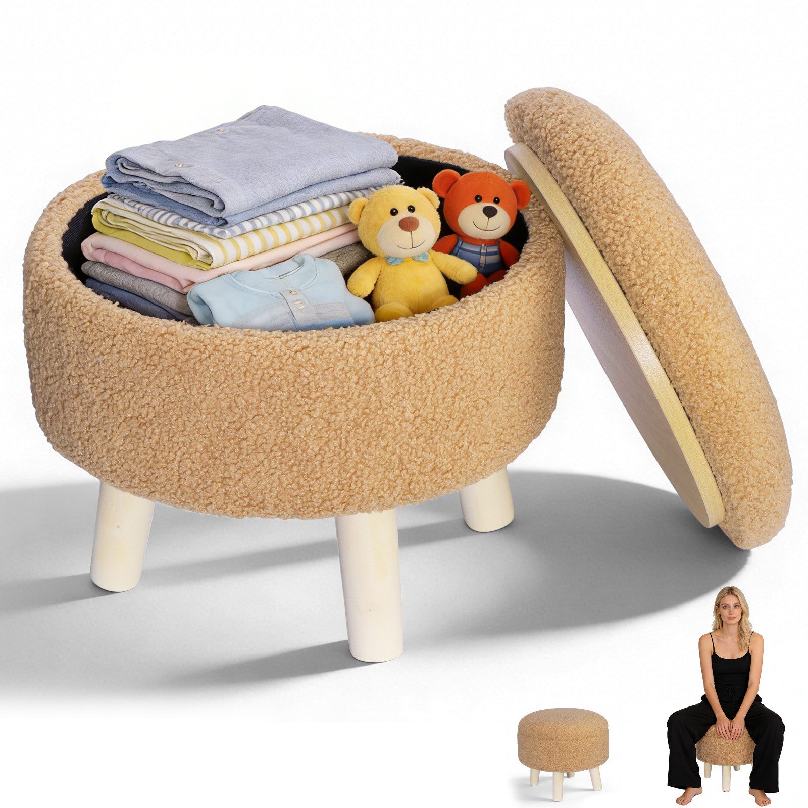 LEMLIT Fußhocker Kleine Runde Ottomane mit Stauraum,Bouclé-Teddy-Samt-Fußhocker (1Stück, 1 St., 34 x 31,5 cm), weiche hocker mit stauraum für Wohnzimmer, Schlafzimmer